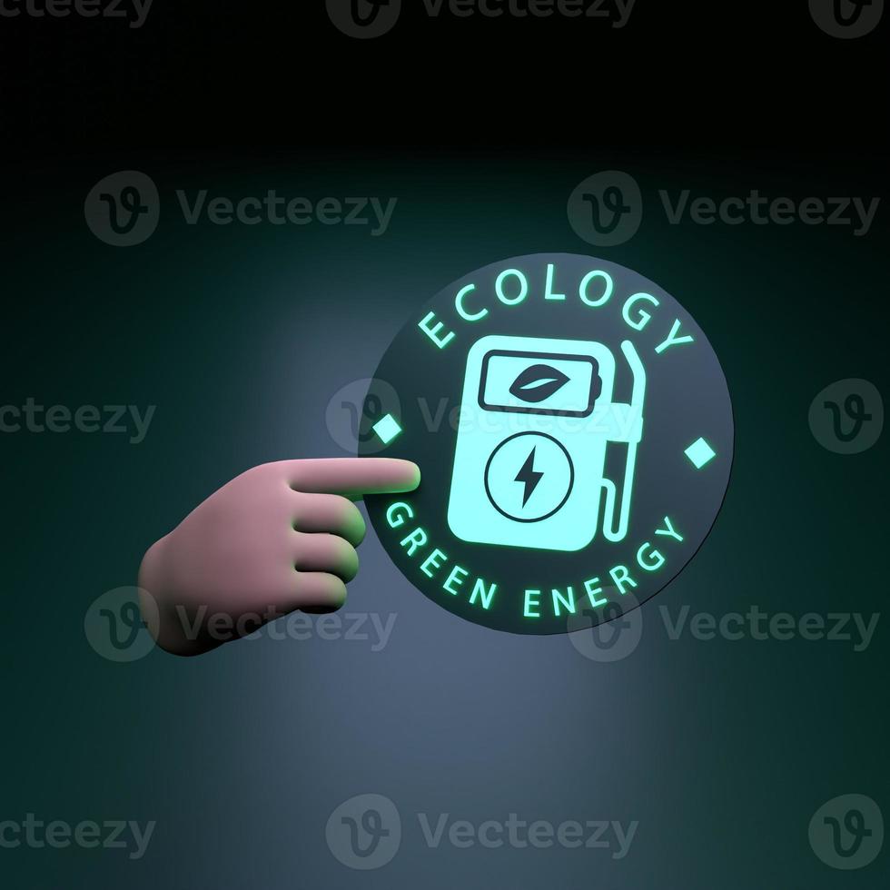 main tenant l'icône de carburant éco néon. notion d'écologie. illustration de rendu 3d. photo