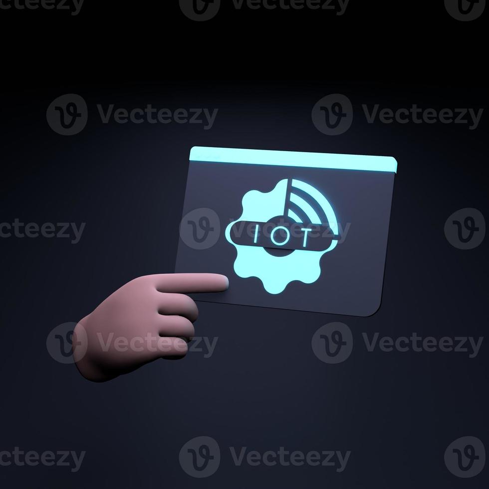 main tenant le logo iot néon. internet du concept de chose. illustration de rendu 3d. photo