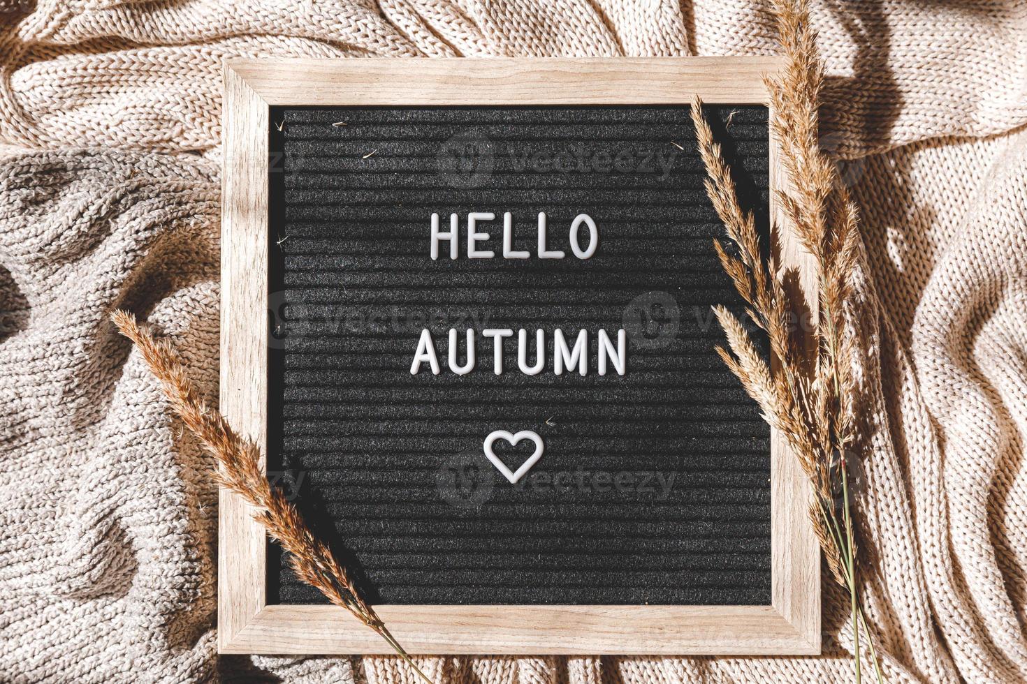 fond automnal. tableau à lettres noir avec phrase de texte bonjour automne et herbe séchée allongée sur un pull en tricot blanc. vue de dessus, mise à plat. bannière d'action de grâces. concept de temps froid d'humeur hygge photo