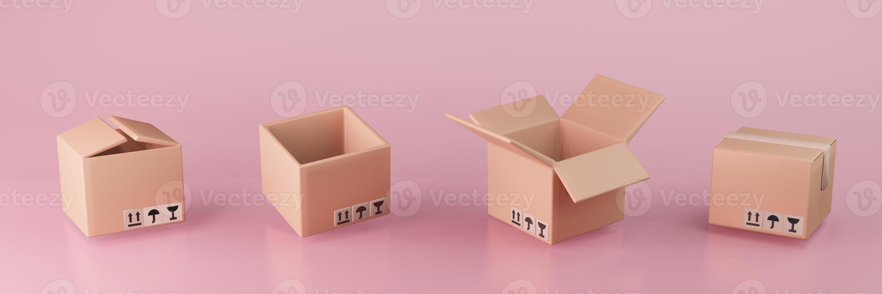 ensemble de boîtes en carton illustration 3d livraison emballage et transport expédition stockage logistique sur fond rose photo