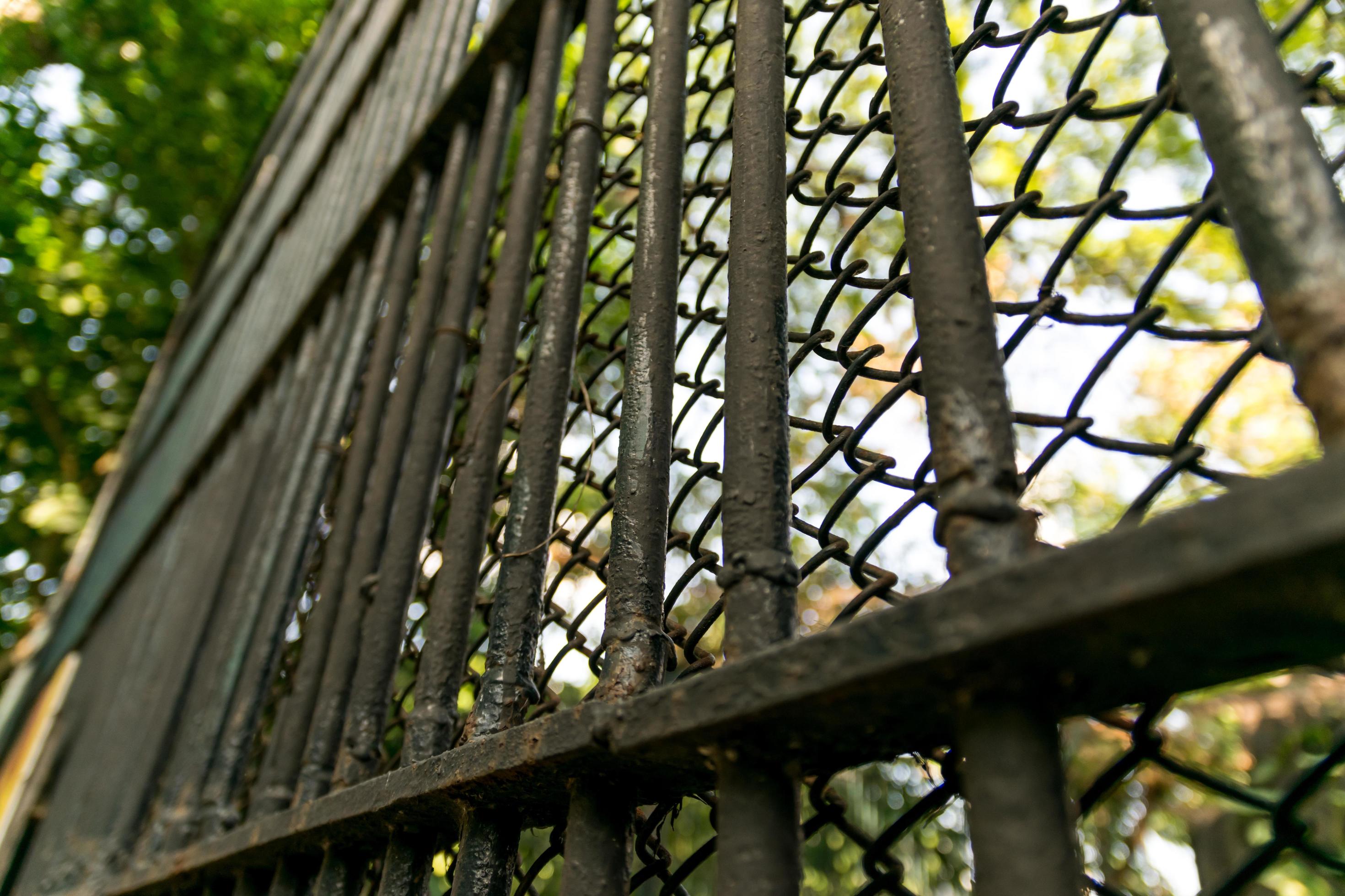 clôture en treillis métallique entrelacé à faible profondeur de champ.  13921957 Photo de stock chez Vecteezy