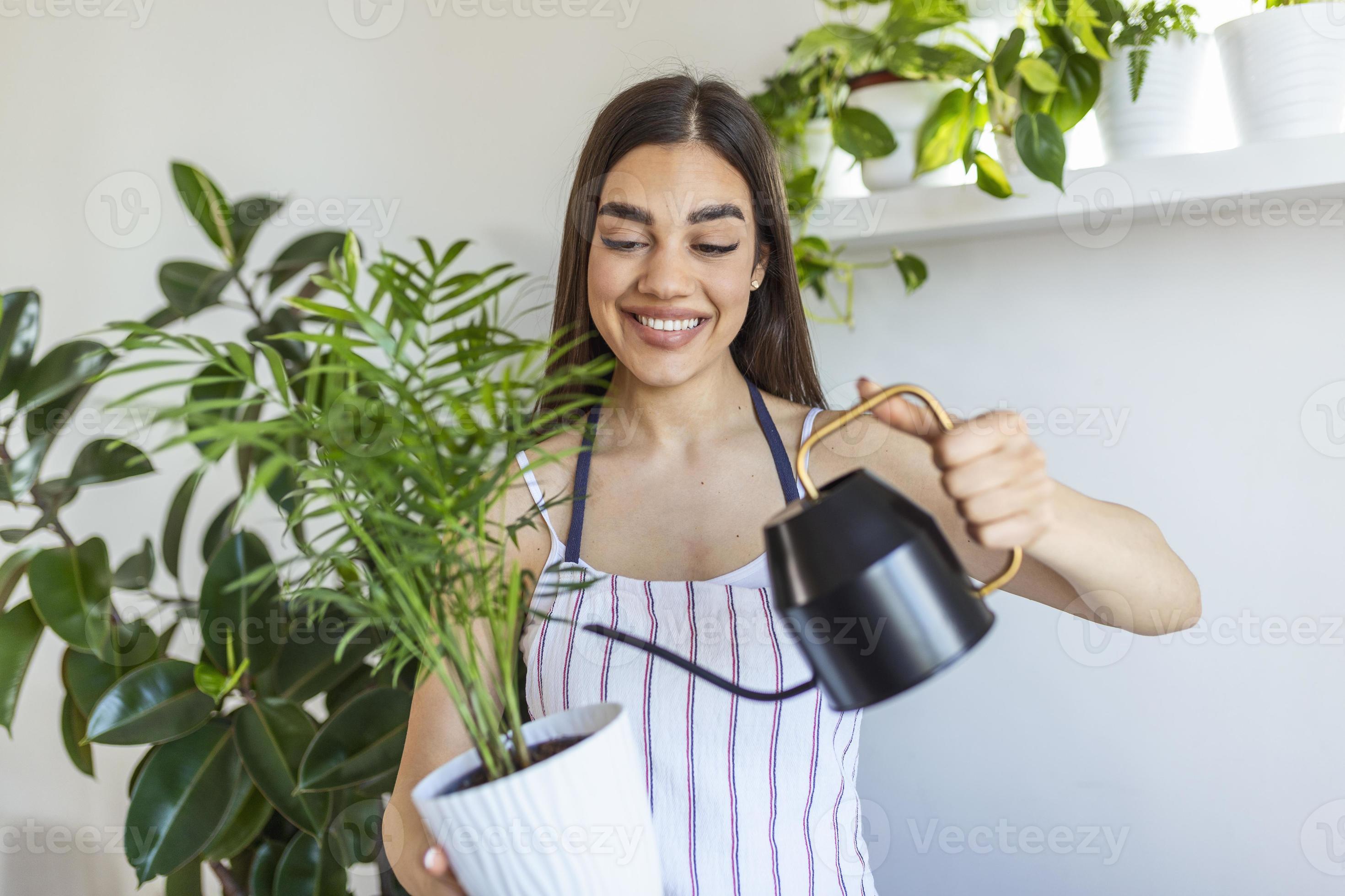 Une Femme Arrose Des Plantes D'intérieur à Partir D'un Arrosoir