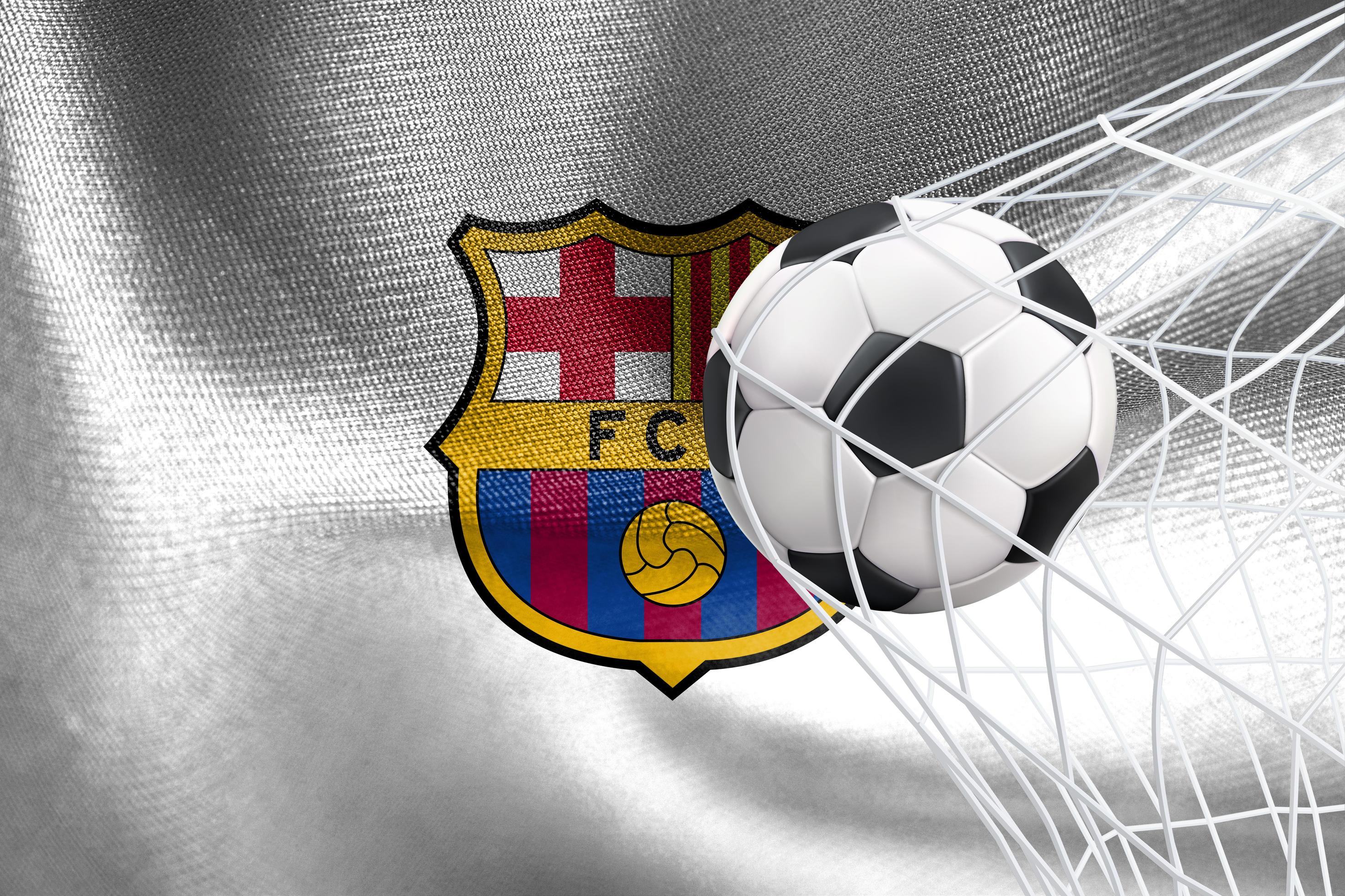 ligue des champions de l'uefa 2023, drapeau du fc barcelone avec un ballon  de football dans le filet, fond d'écran de l'uefa, travail 3d et image 3d.  erevan, arménie - 2023 janvier