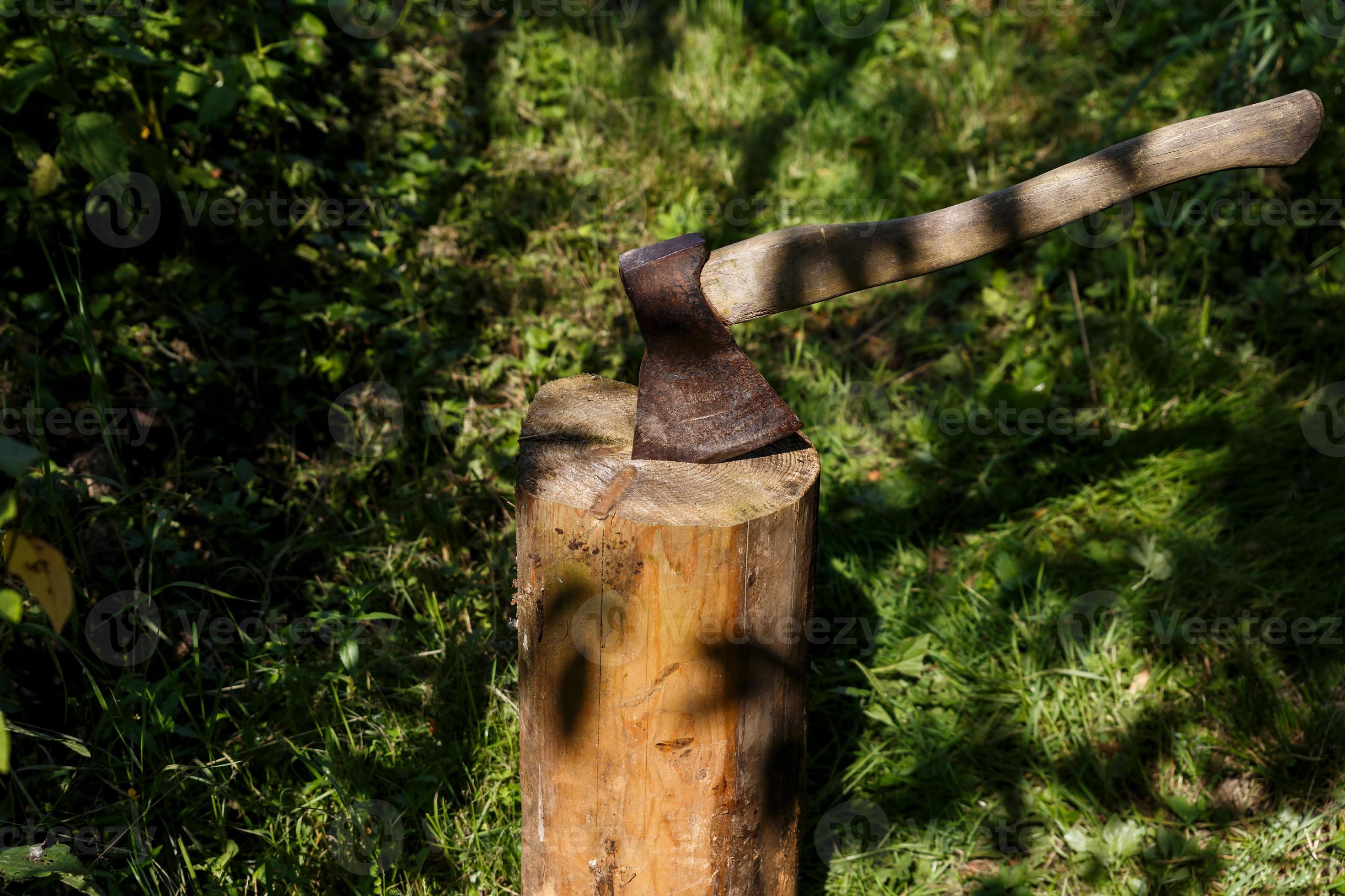 La Hache Avec Manche En Bois Est Coincée Dans Une Souche De Bois Sur Fond  De Bois Haché. La Hache De Charpentier Pour Couper Du Bois De Chauffage  Dépasse De La Vieille