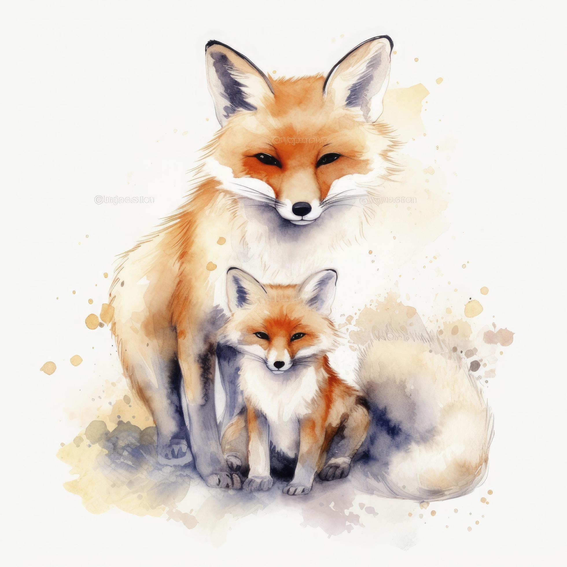 gratuit Renard mère avec Renard enfant l'eau couleur, pastel