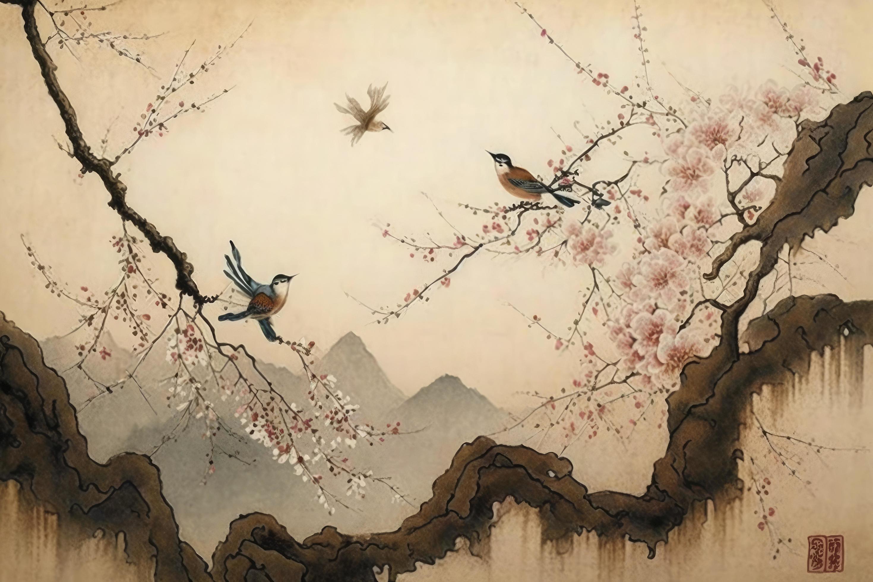 chinois paysage La peinture Cerise fleur impression art, Japonais