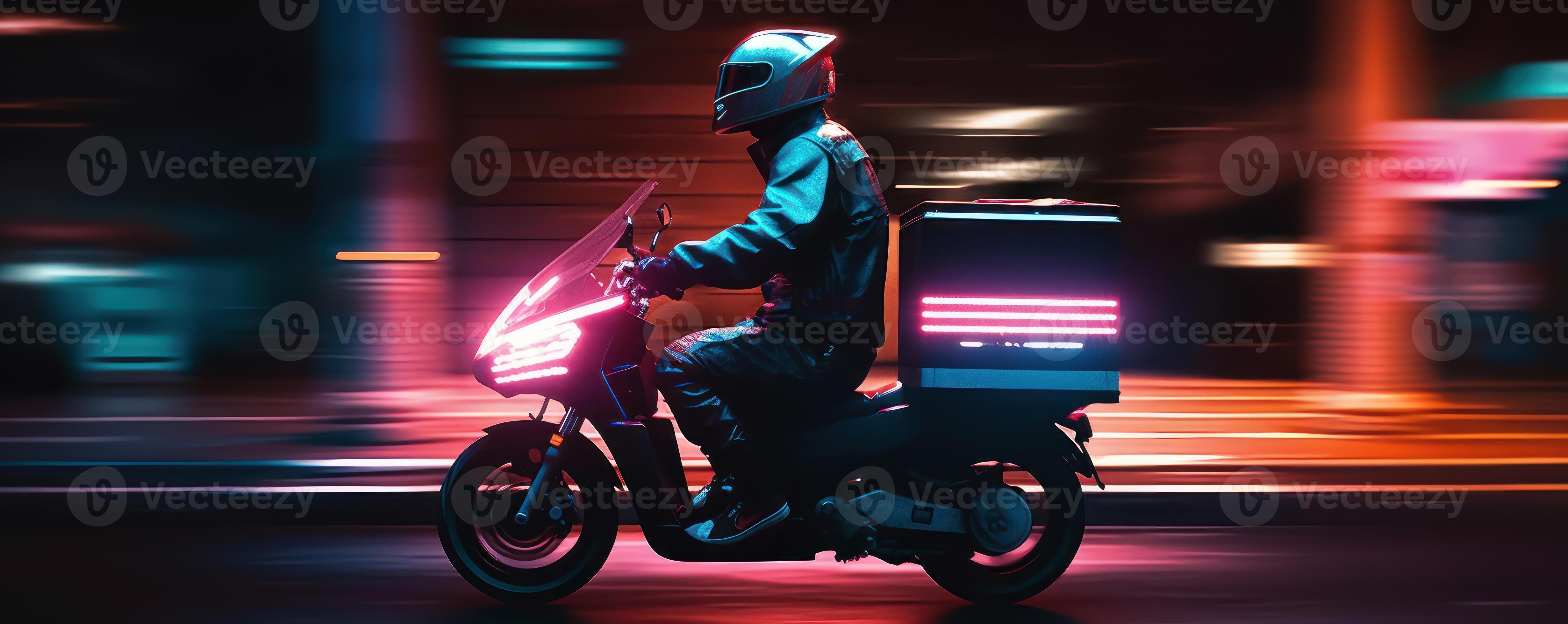 livraison homme balade scooter moto à nuit avec néon lumières