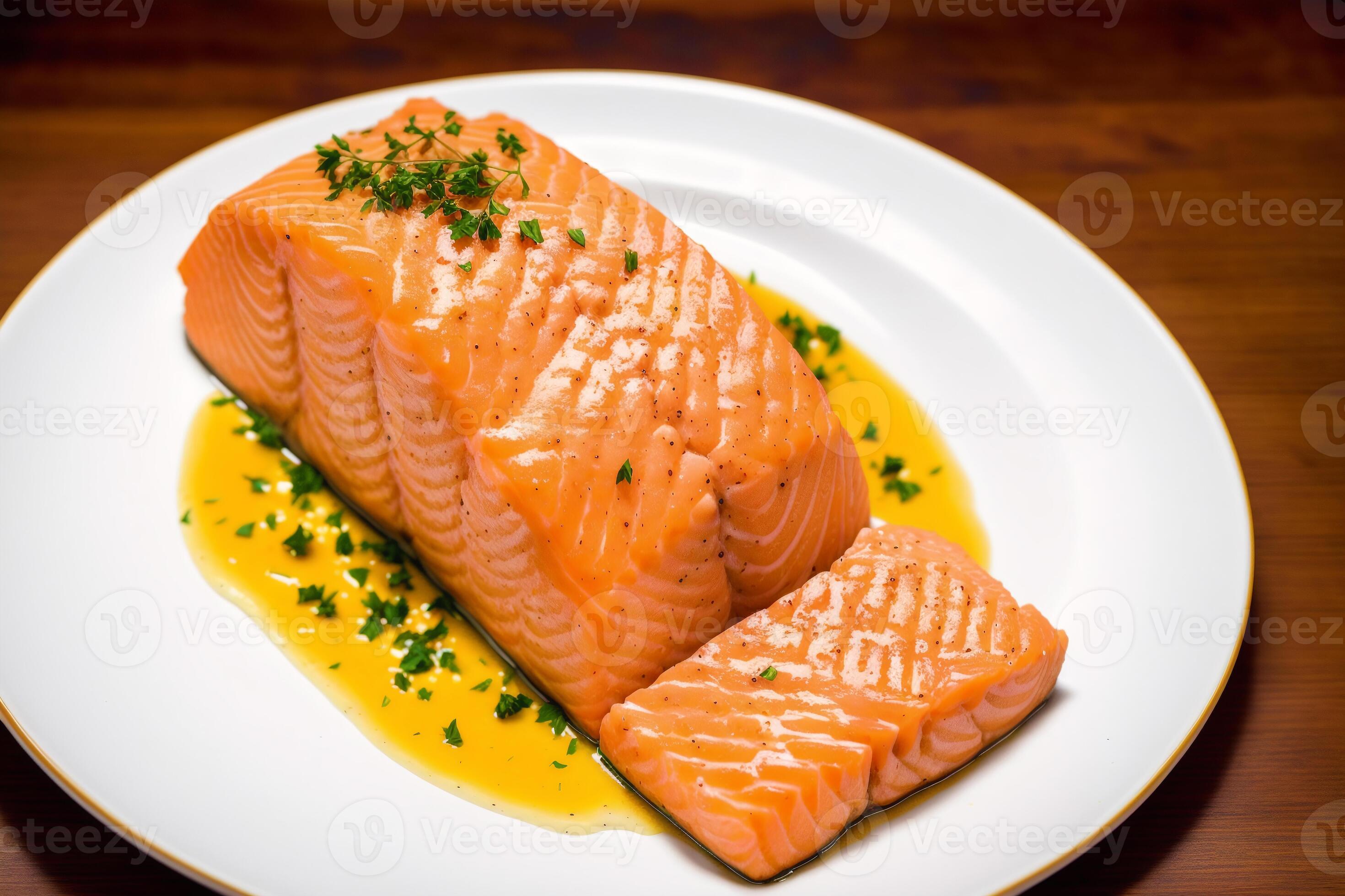 grillé Saumon avec crème sauce et persil sur une blanc plaque. Saumon filet  avec cuit patates. génératif ai 23594441 Photo de stock chez Vecteezy