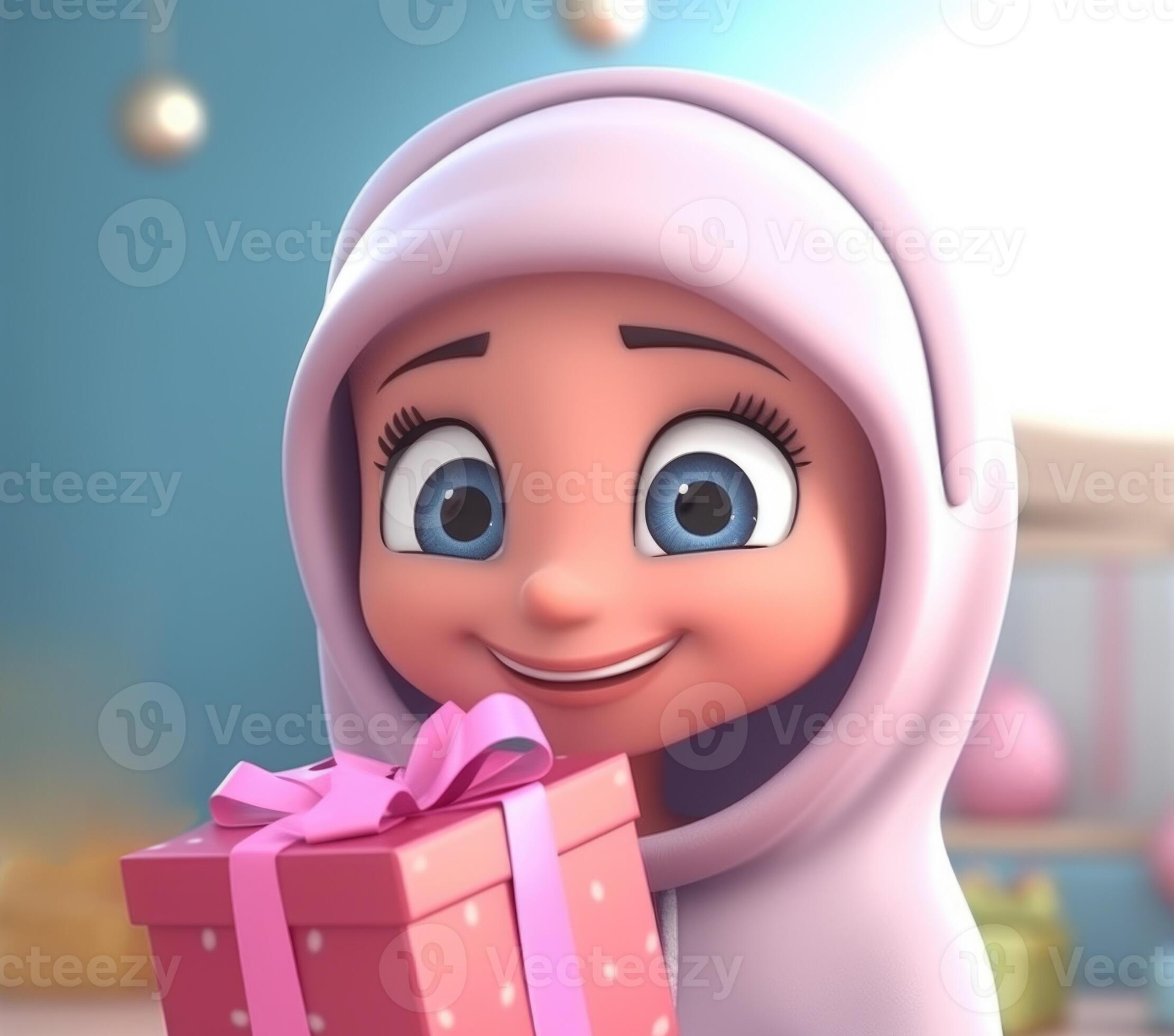 adorable disney style avatar de de bonne humeur musulman fille portant  hijab avec cadeau boîte, eid mubarak concept, génératif ai. 24075355 Photo  de stock chez Vecteezy