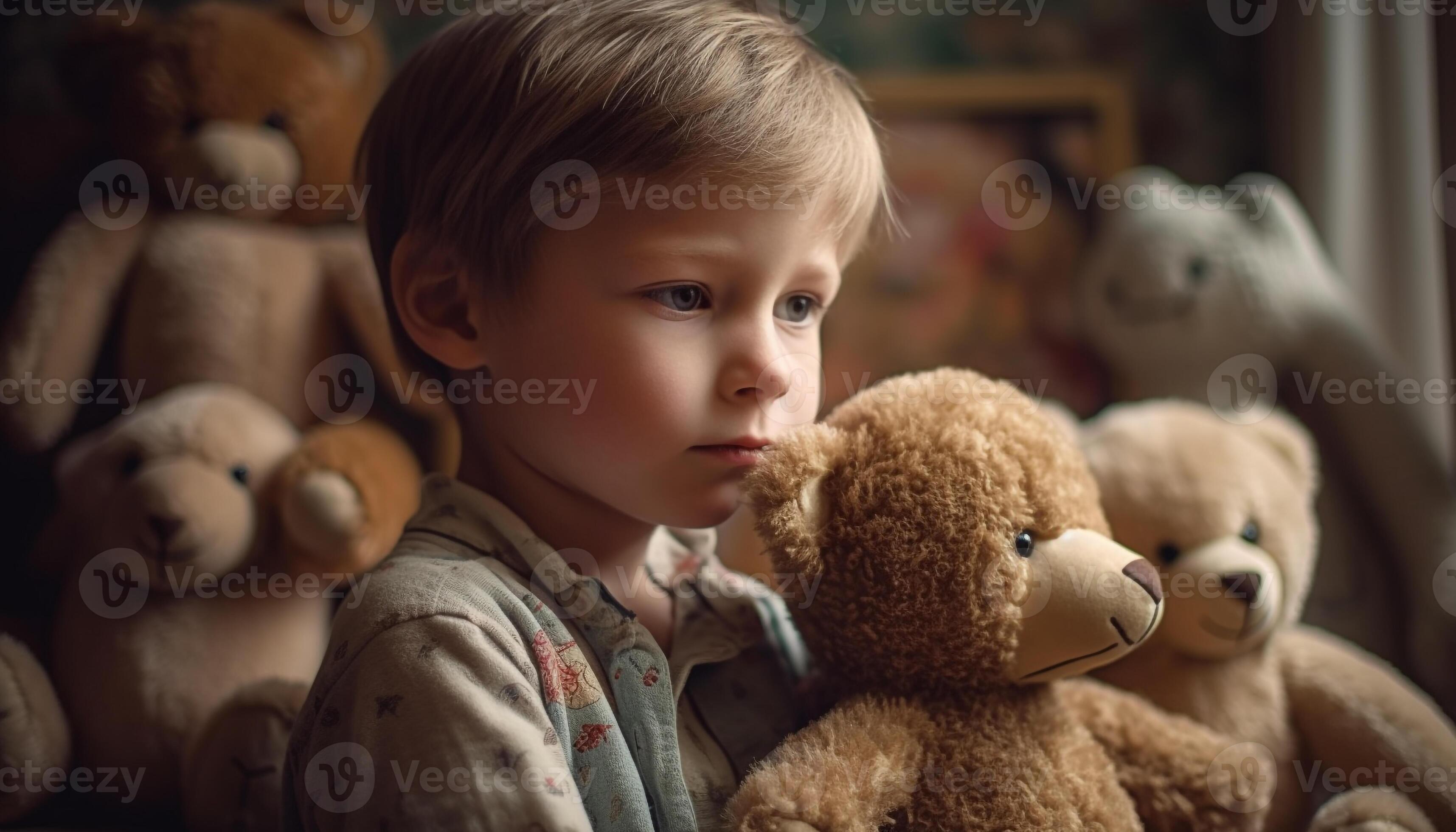 mignonne bambin en portant farci jouet, à la recherche en dehors fenêtre  avec innocence généré par ai 24641231 Photo de stock chez Vecteezy