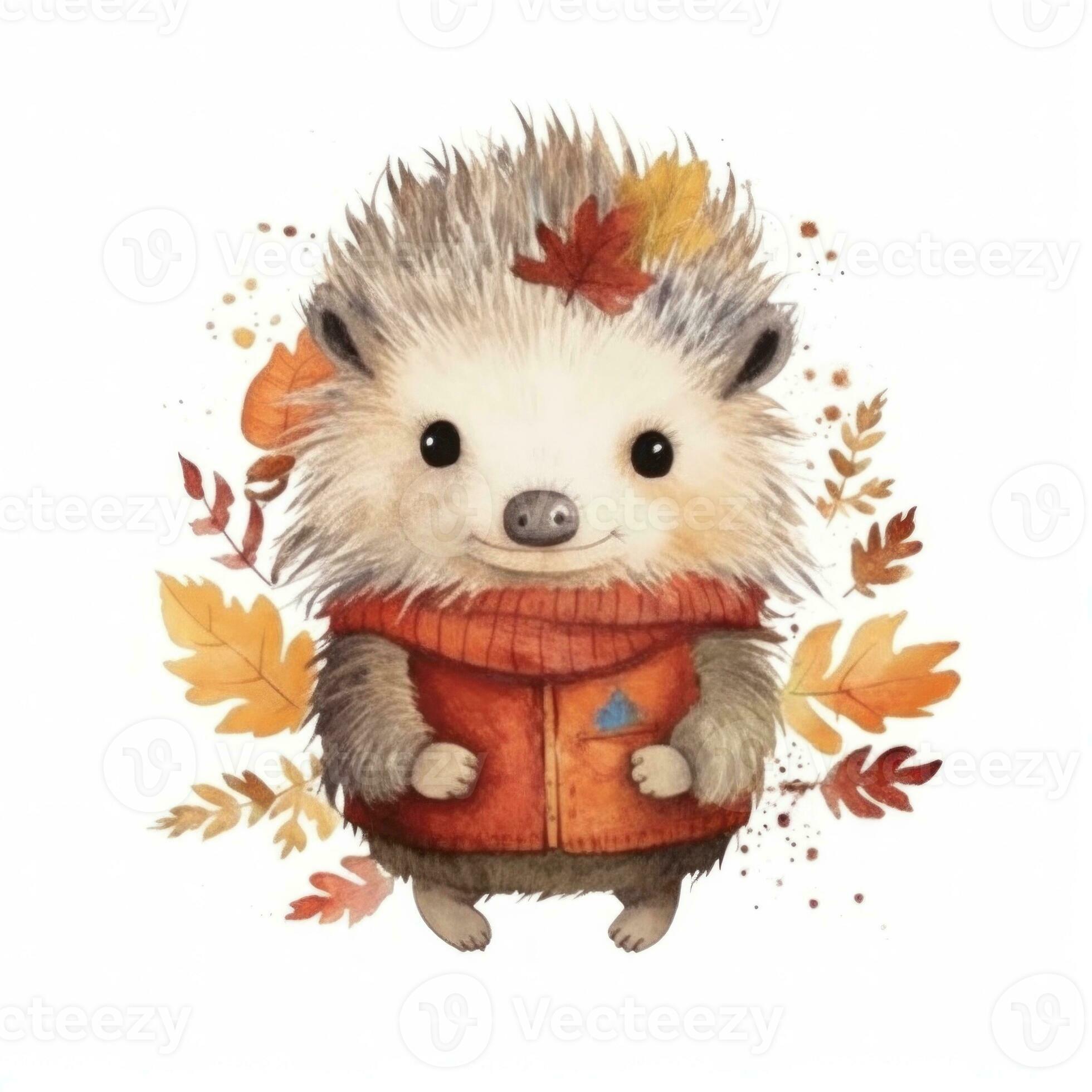 Image mignonne d'un bébé loutre dans une flaque d'eau avec des feuilles  d'automne derrière photo stock