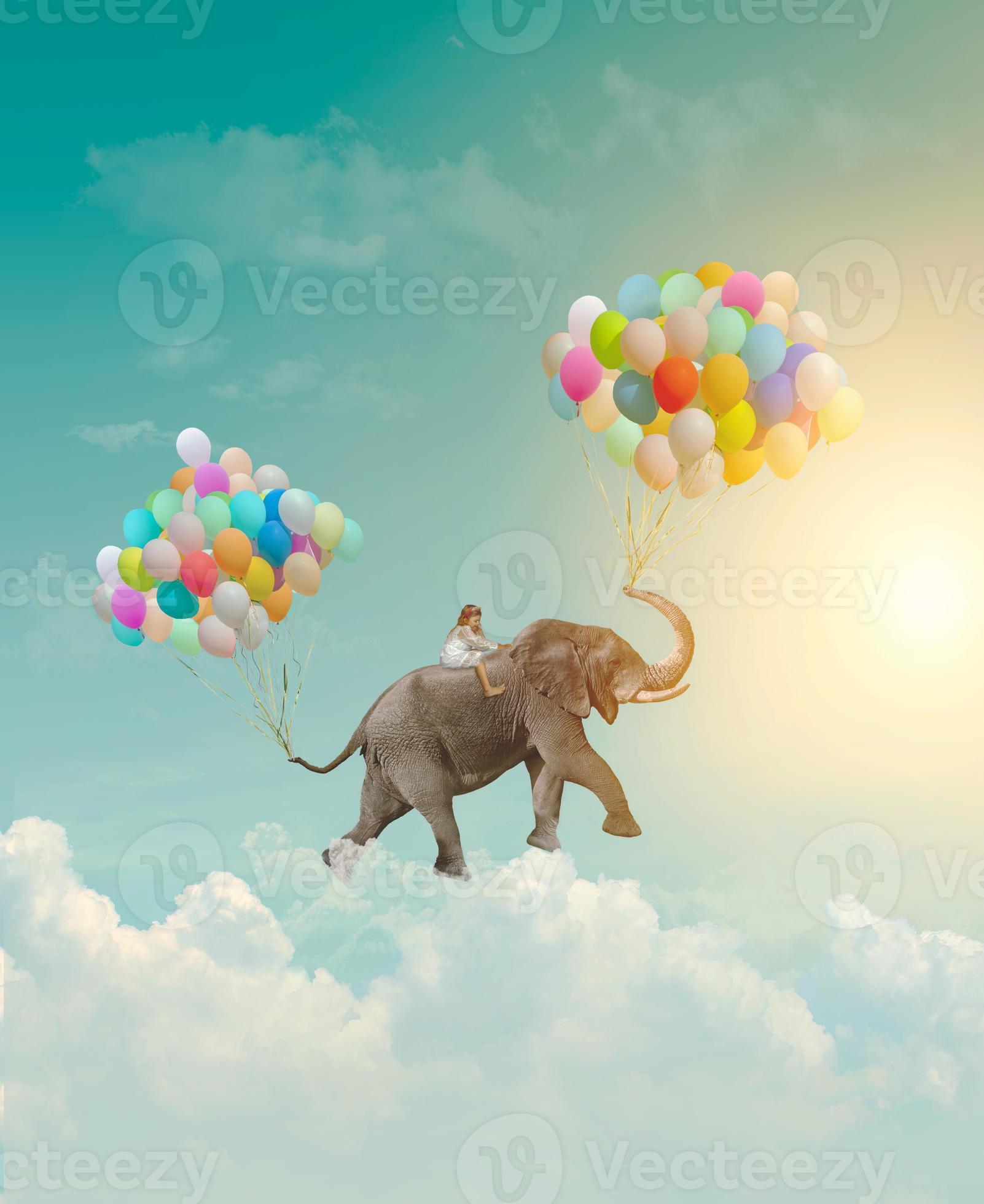 Petite fille chevauchant un éléphant avec des ballons volant dans le concept de réalisation de métaphore fantastique de ciel photo