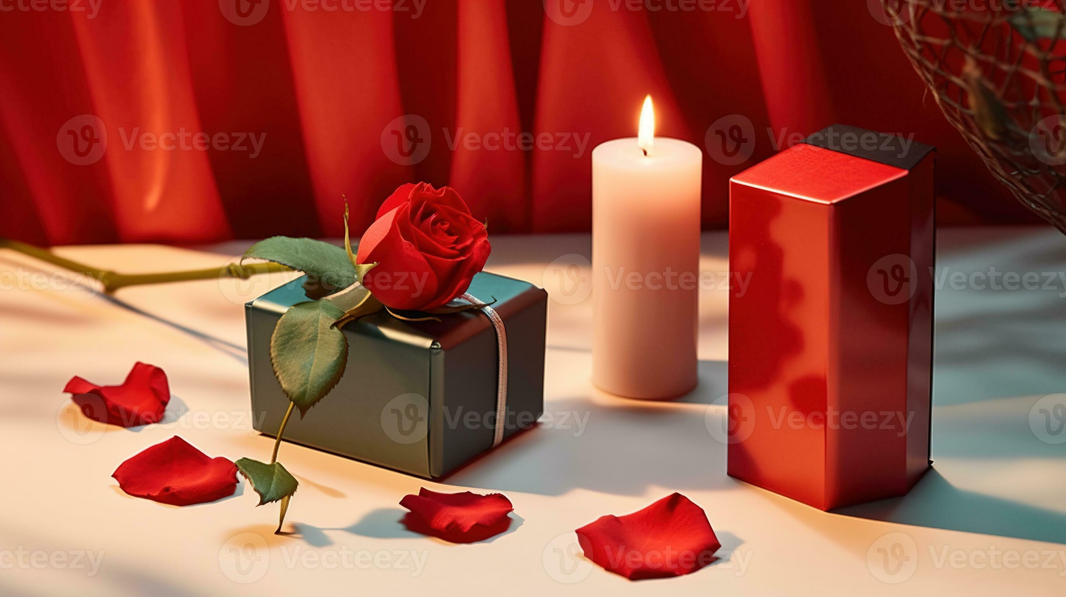 bougie et Rose pétales. romantique composition avec bougie cadeau boîte  avec rouge à lèvres. ai généré 26229495 Photo de stock chez Vecteezy