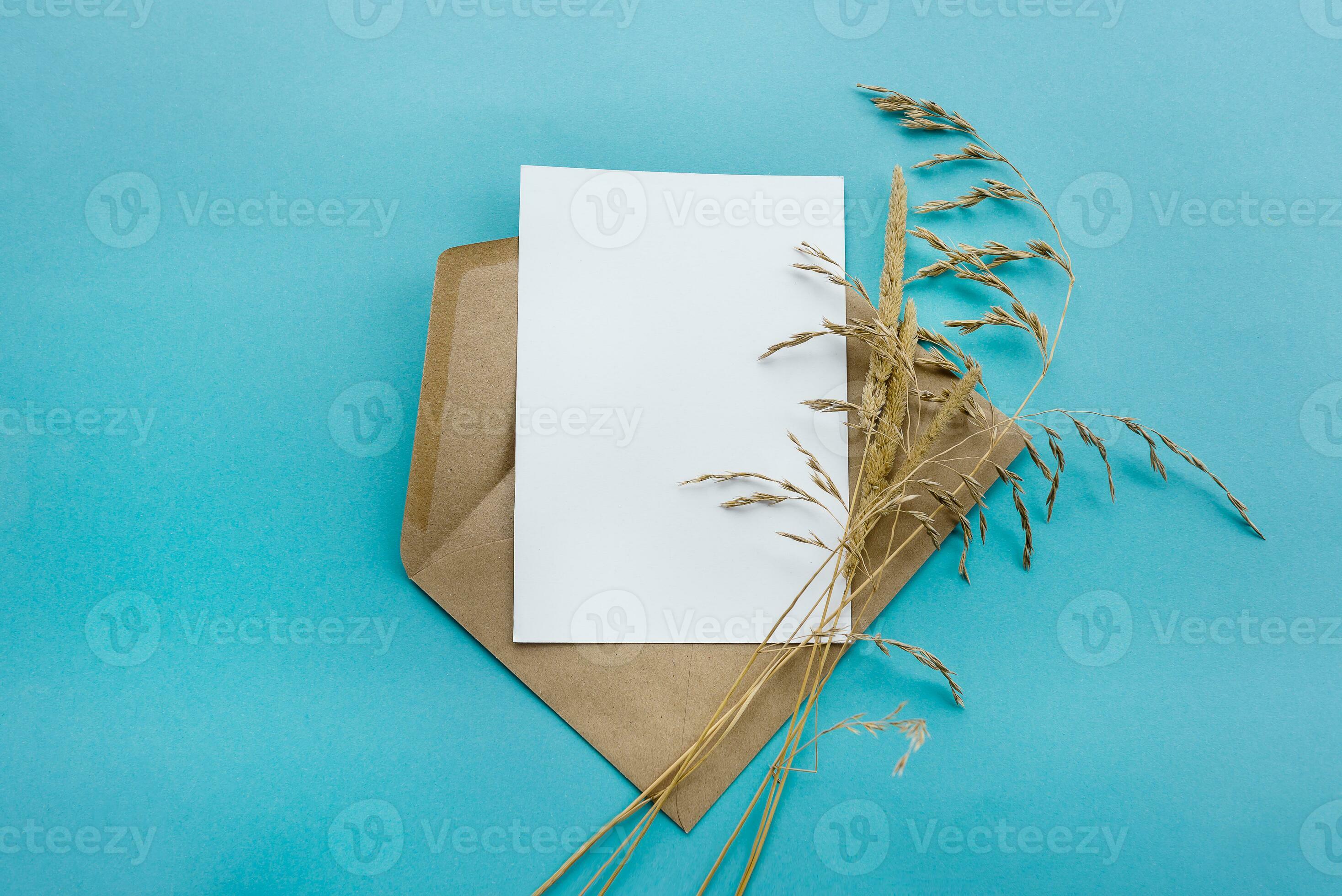 une kraft papier enveloppe avec une blanc Vide carte fleurs sur une bleu  Contexte. carte postale préparation 26275128 Photo de stock chez Vecteezy