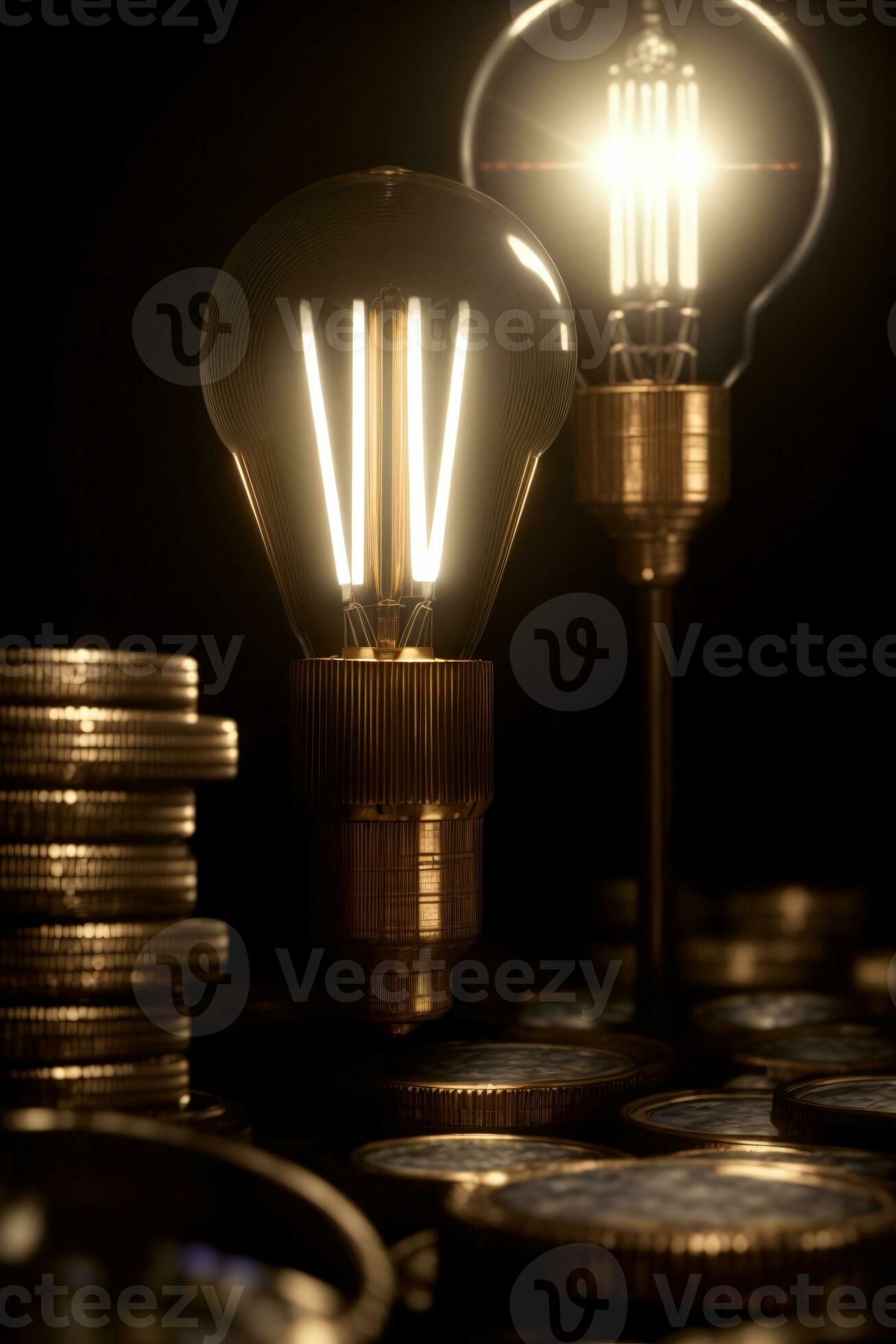 une lumière ampoule séance sur Haut de une pile de pièces de monnaie. ai  généré 26428249 Photo de stock chez Vecteezy