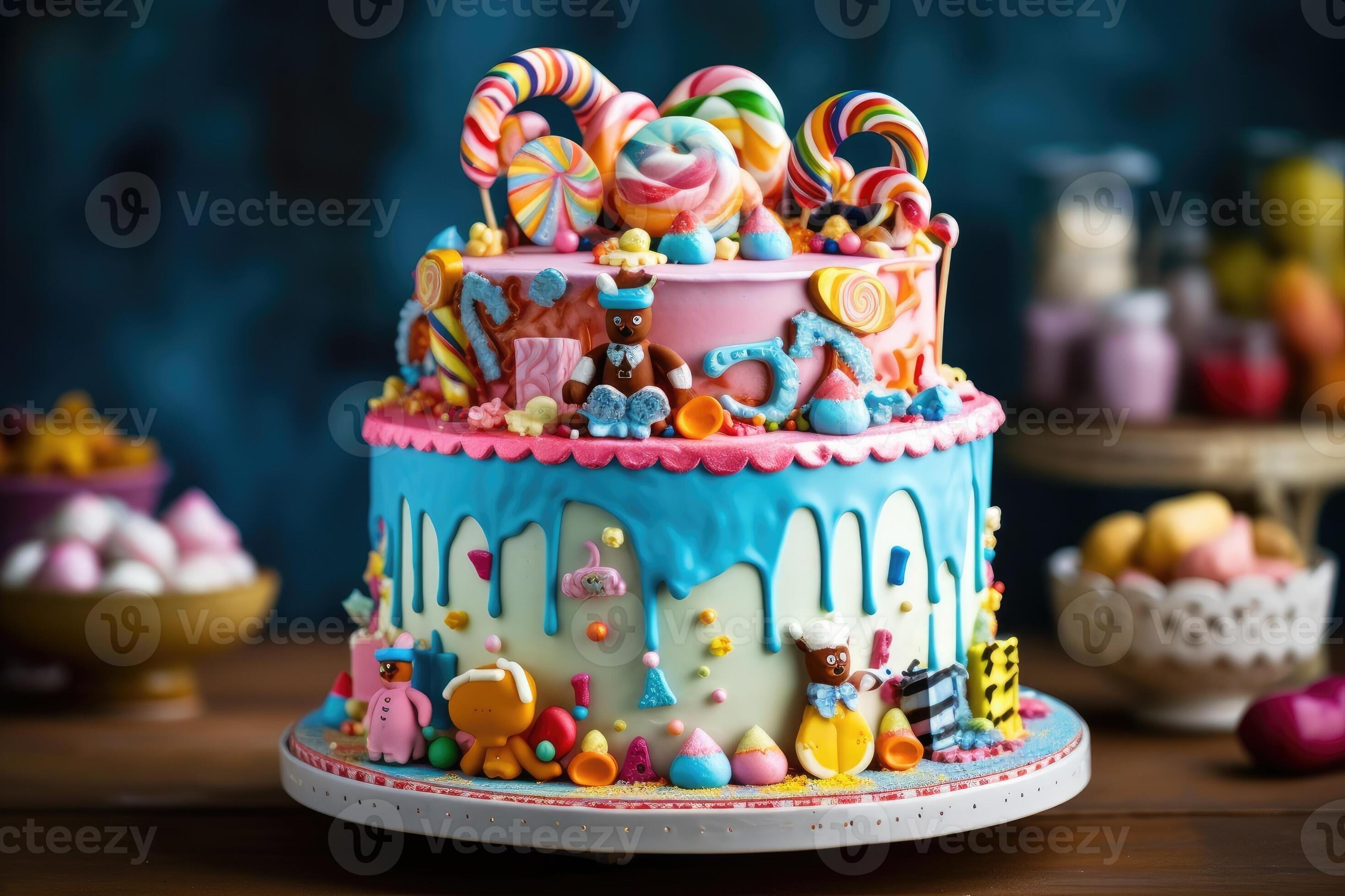 magnifique anniversaire gâteau pour les enfants. avec coloré bonbons.  génératif ai 26440110 Photo de stock chez Vecteezy