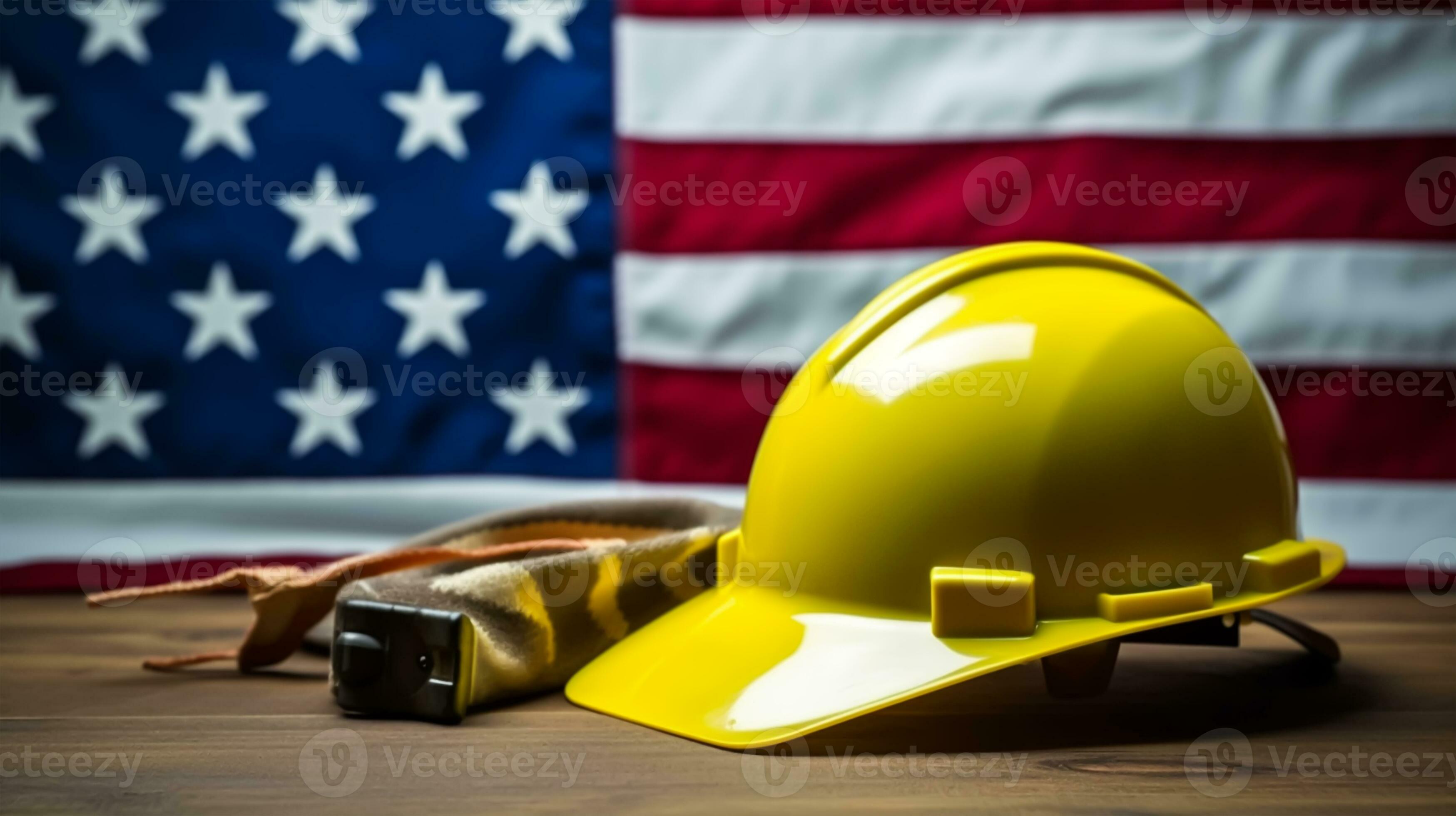 américain drapeau avec sécurité casque et outils sur en bois Contexte. la  main d'oeuvre journée concept, génératif ai 26713566 Photo de stock chez  Vecteezy