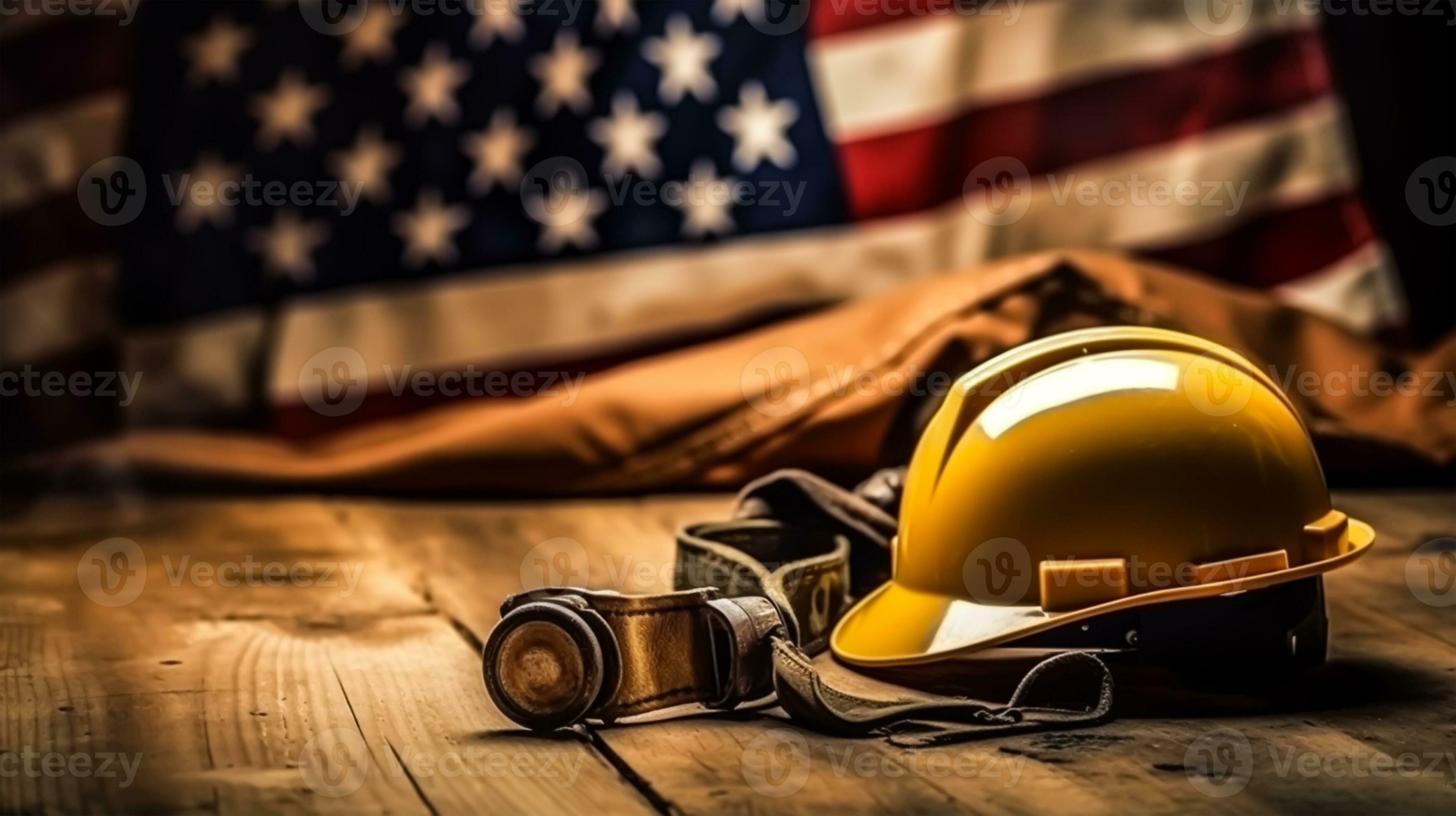 américain drapeau avec sécurité casque et outils sur en bois Contexte. la  main d'oeuvre journée concept, génératif ai 26713566 Photo de stock chez  Vecteezy