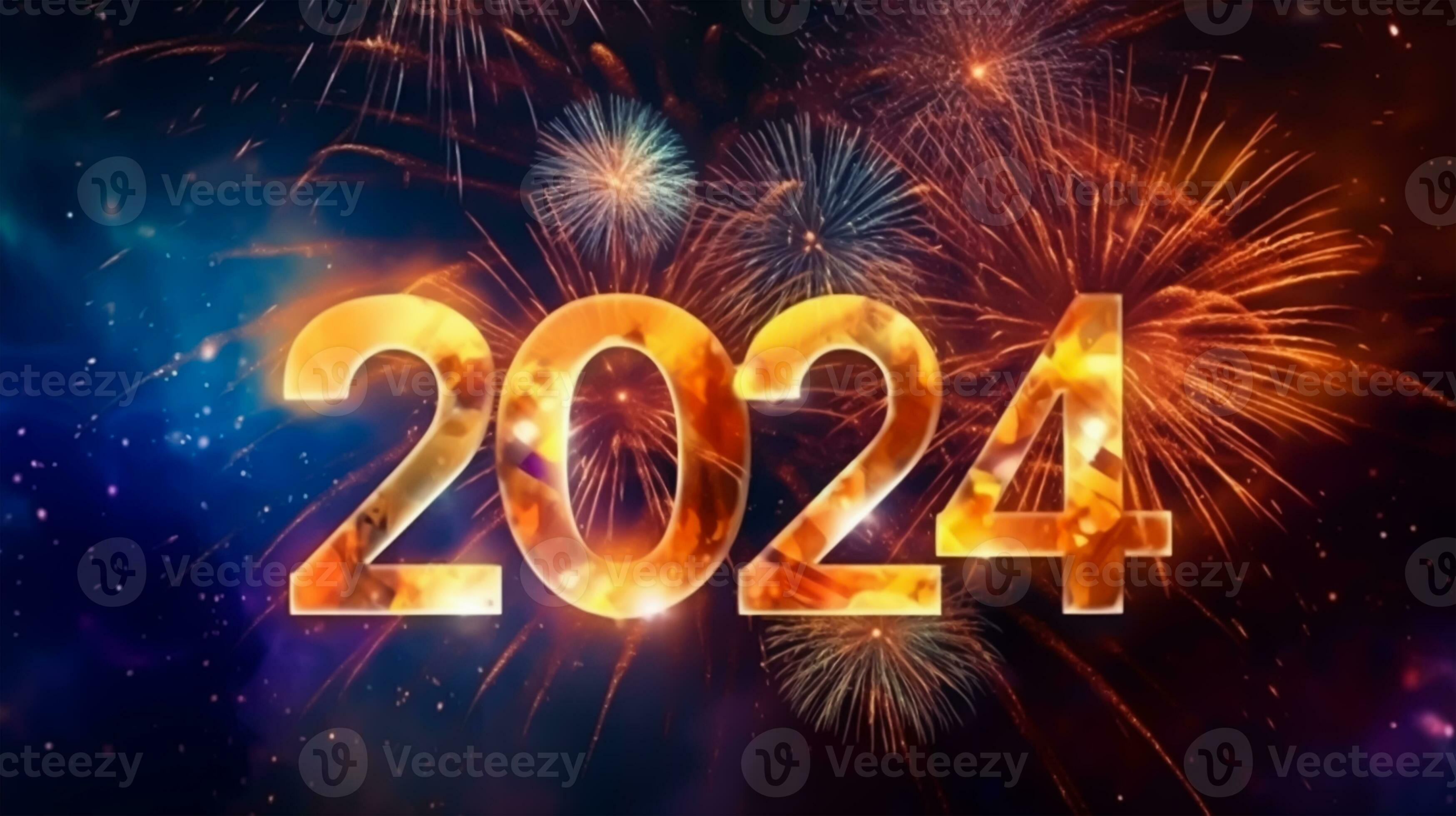 Heureux Nouvel an 2024. Numéros Brûlants Pétillants Année 2024 Avec De  Beaux Feux D'artifice Bleu Et Rose. Modèle Pour L'accueil D Image stock -  Image du noël, fireworks: 270765057