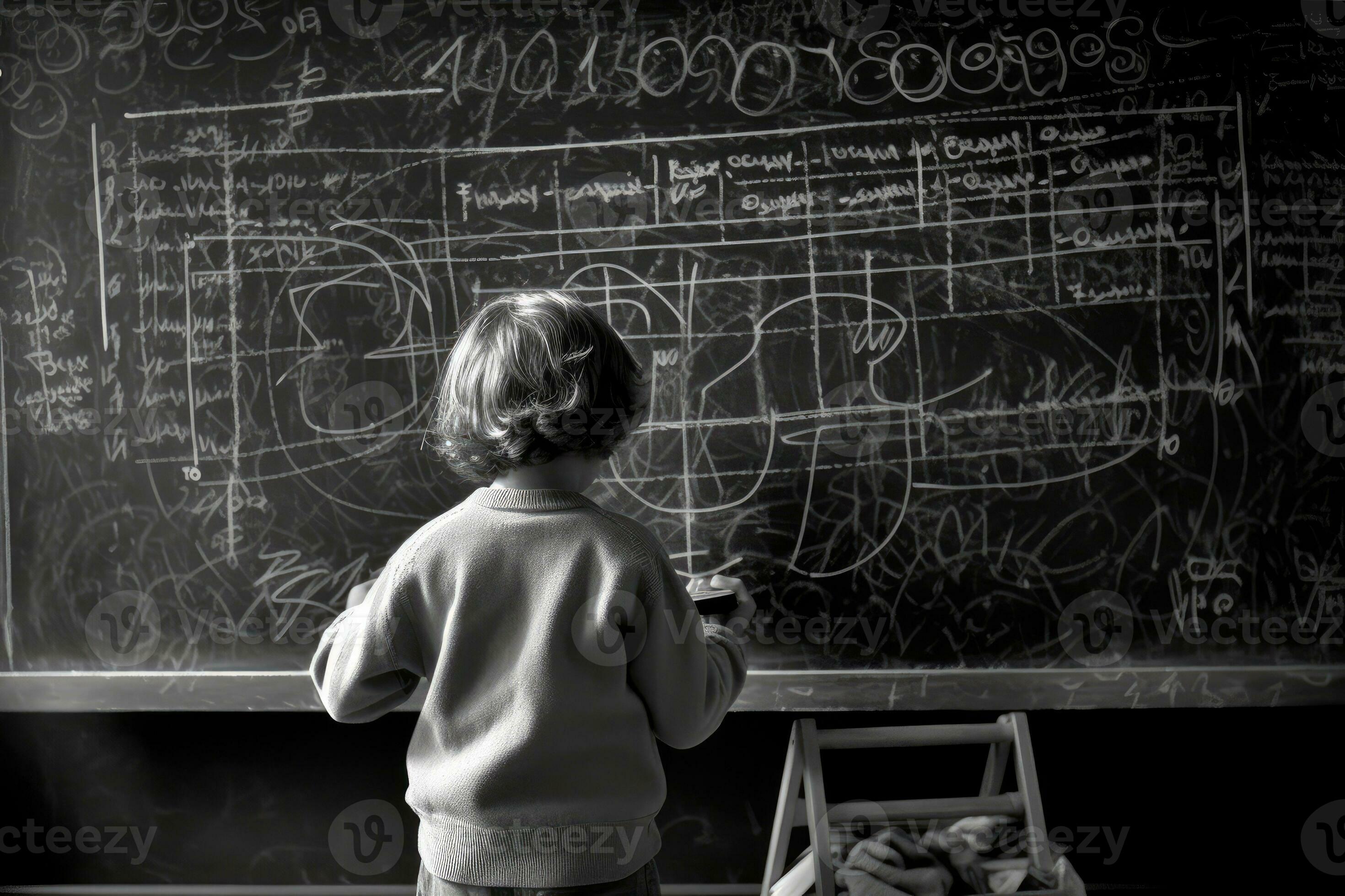 Dessin D'enfant Sur Tableau Noir Tenant Une Craie Dans La Main Concept Pour  L'apprentissage De La Créativité Des Enfants