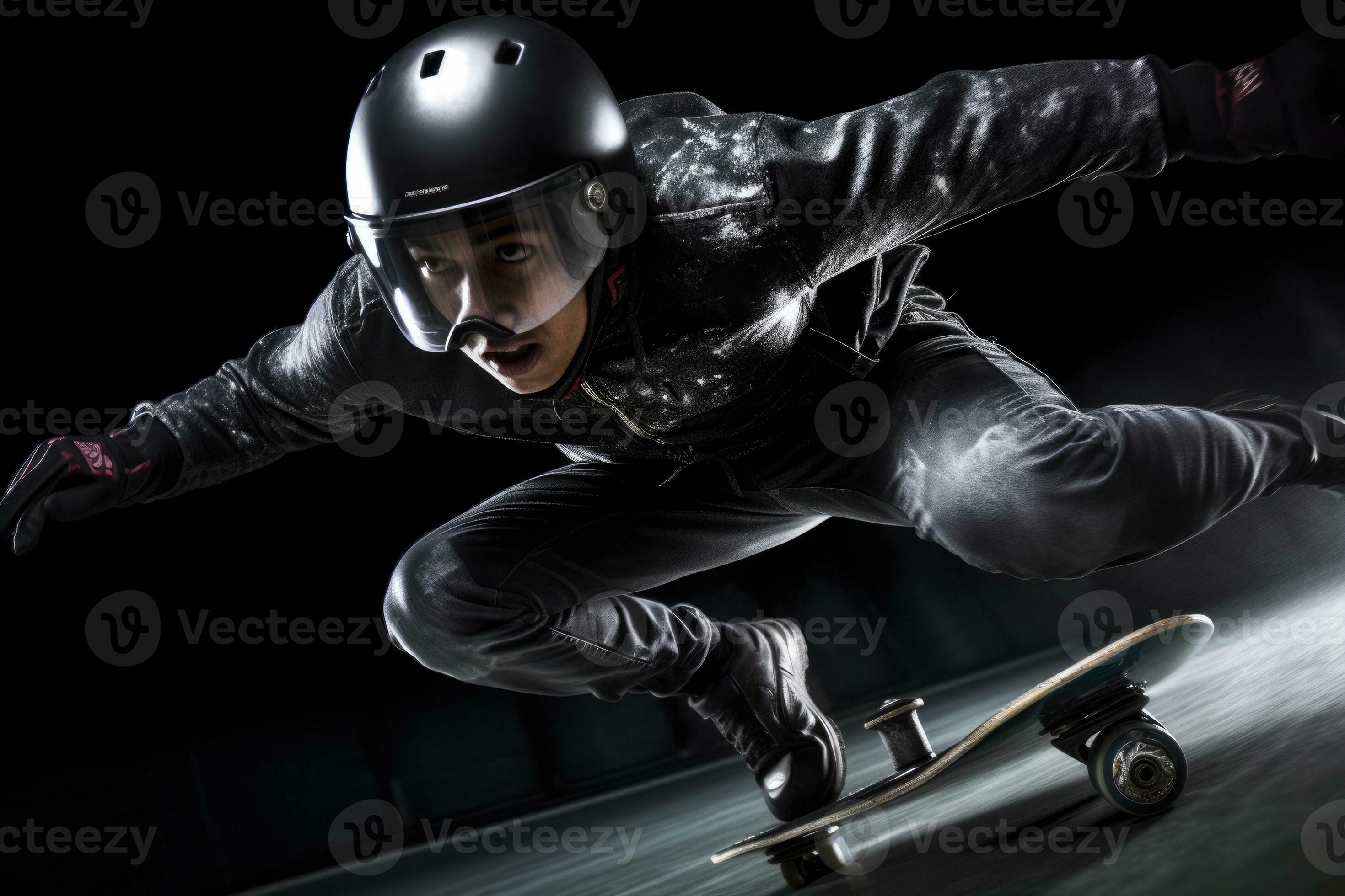 fermer coup de Jeune homme dans protecteur équipement faire de la planche à  roulettes à une patin parc. productif ai 26812092 Photo de stock chez  Vecteezy