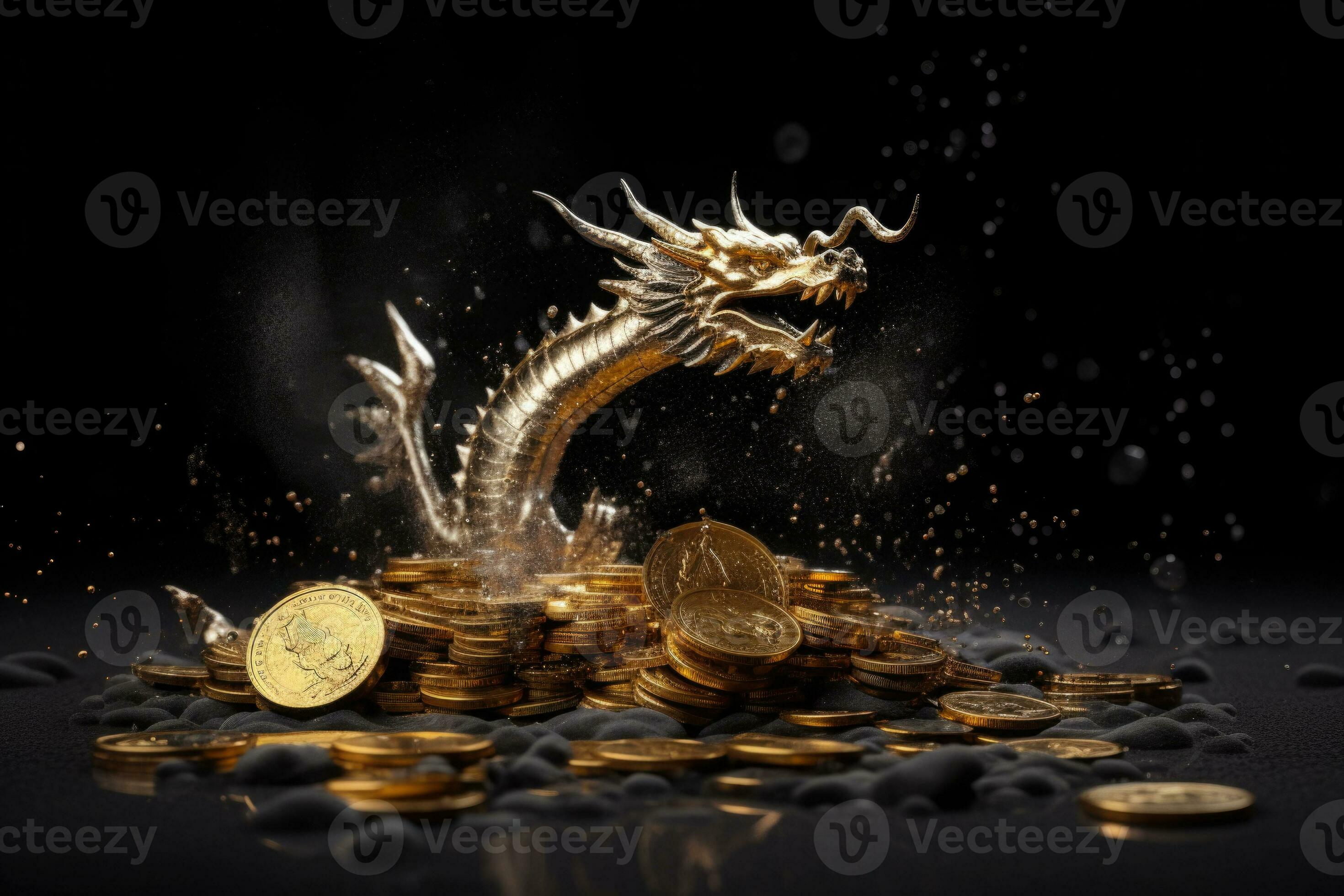 une dragon sauter en dehors de d'or pièces de monnaie. une dragon et  trésor, piles de or pièces de monnaie. génératif ai 26940102 Photo de stock  chez Vecteezy