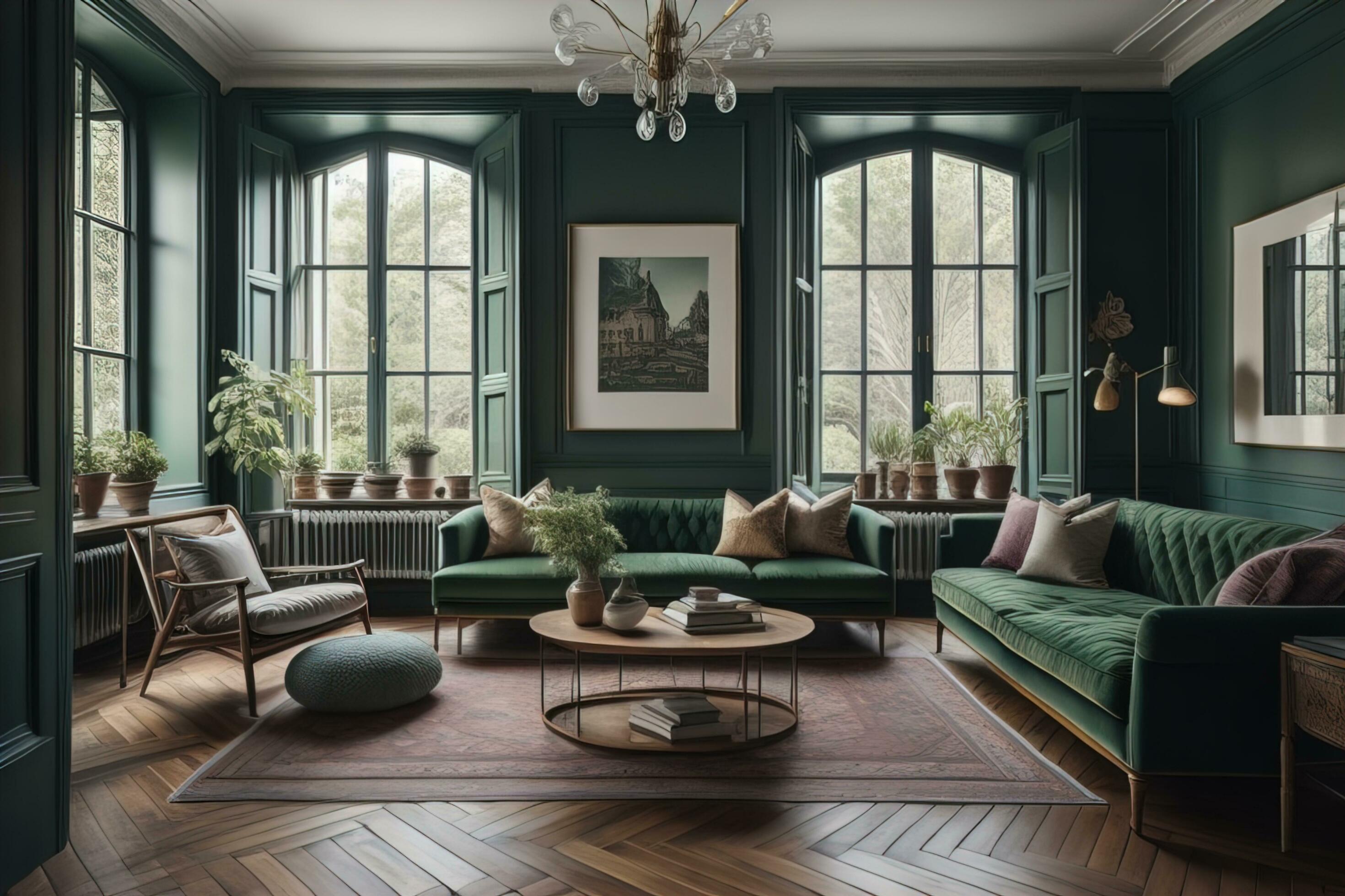 intérieur de moderne vivant pièce avec vert des murs, en bois sol, vert  canapé et rond café tableau. ai génératif 27005882 Photo de stock chez  Vecteezy