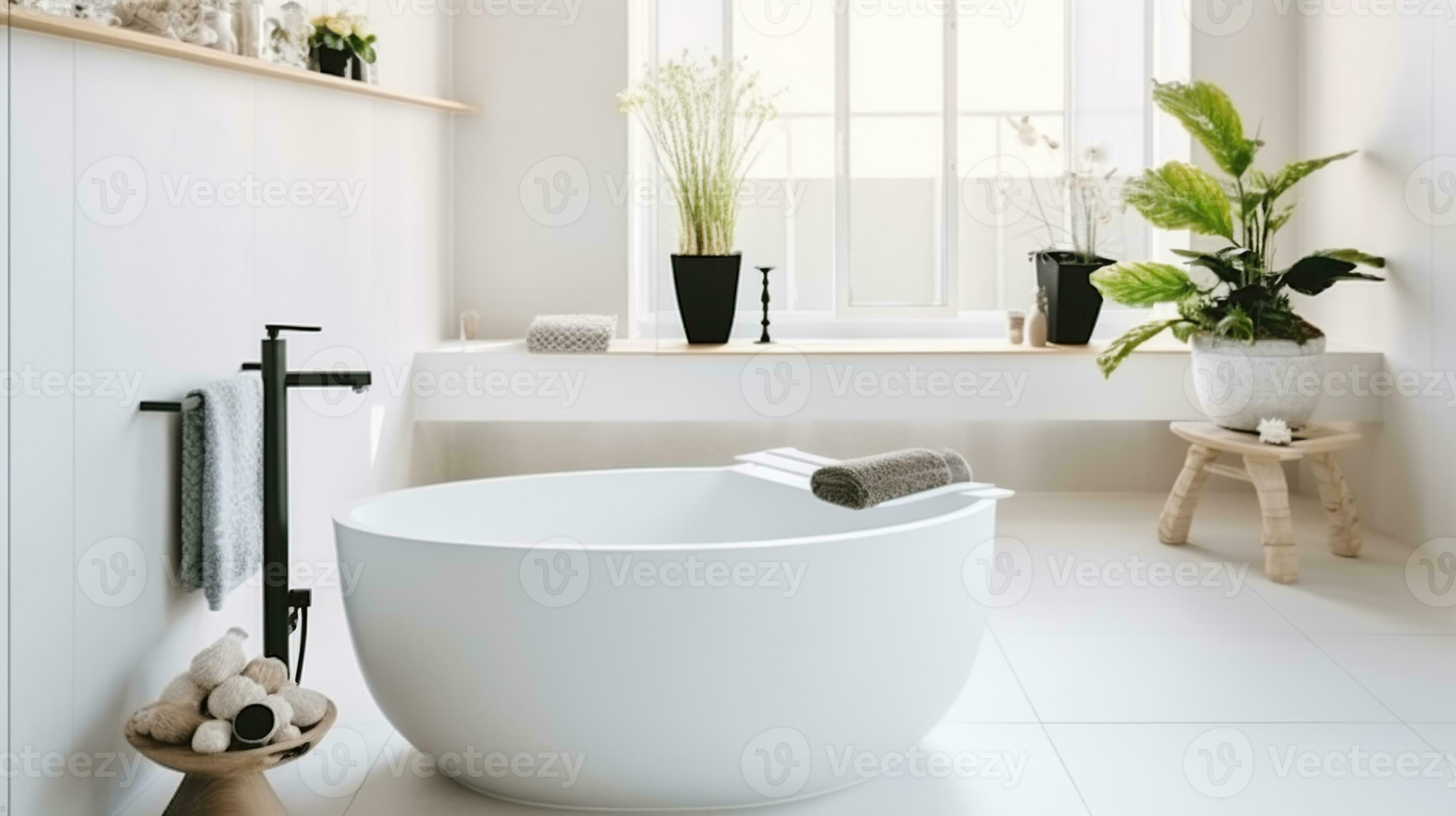 moderne blanc salle de bains intérieur conception. élégant baignoire  compteur corps peau accessoires l'eau robinet facilité. beauté cosmétique  des produits. génératif ai 27078336 Photo de stock chez Vecteezy