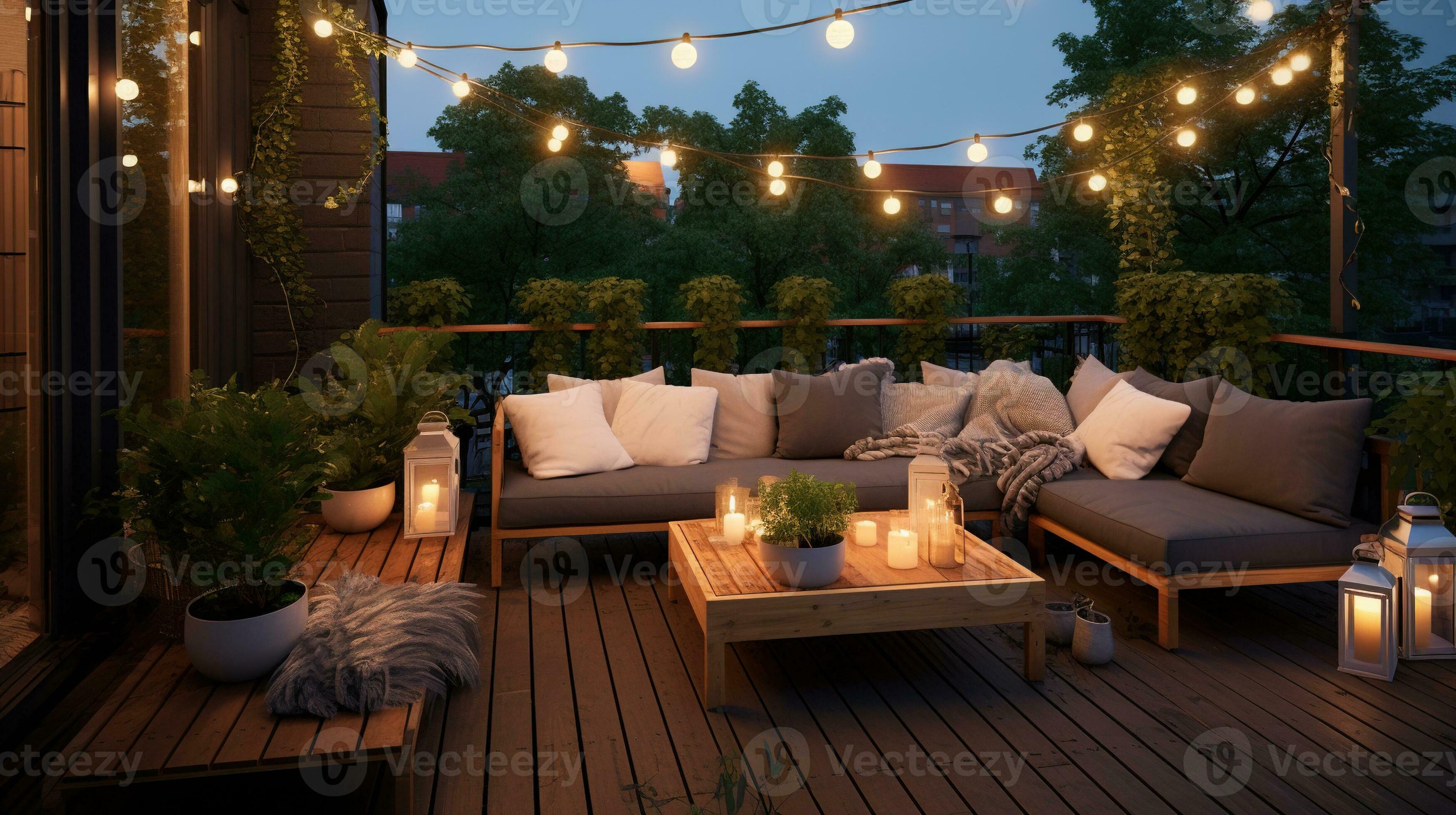 génératif ai, confortable balcon dans le soirée avec lanterne