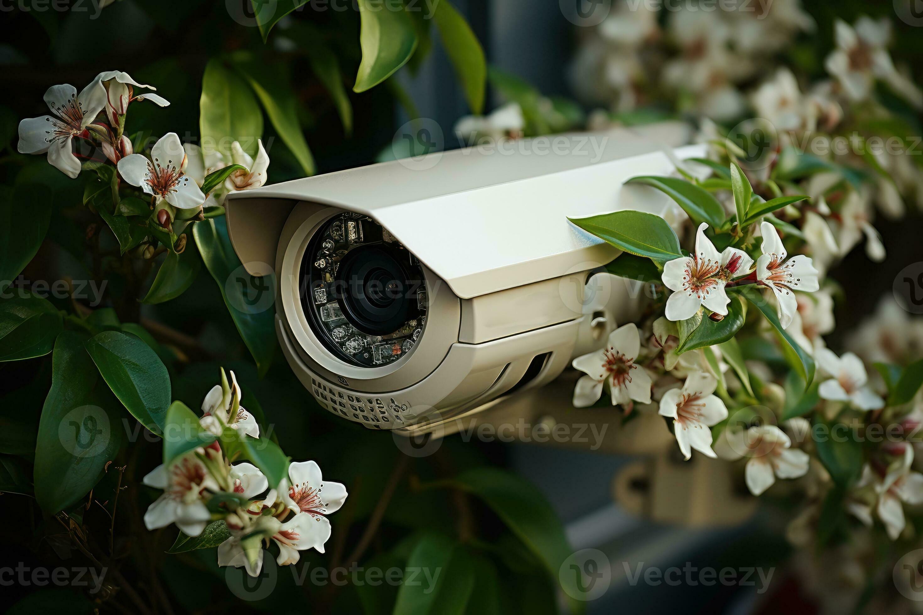 Sécurité caméra dans de face de maison avec fleurs dans le premier plan.  28132259 Photo de stock chez Vecteezy