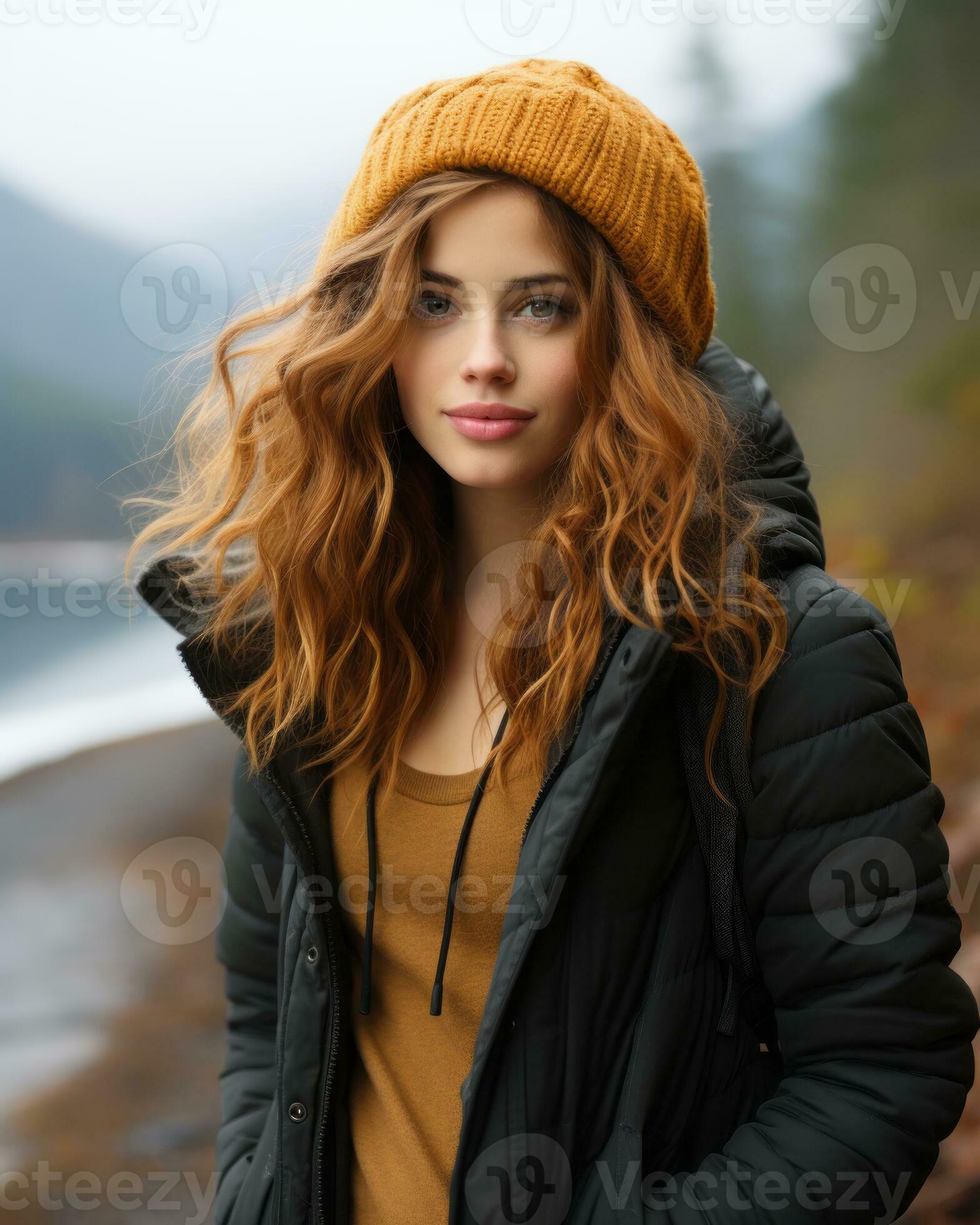 une femme avec longue rouge cheveux et une bonnet est permanent dans une  café magasin génératif ai 28382590 Photo de stock chez Vecteezy