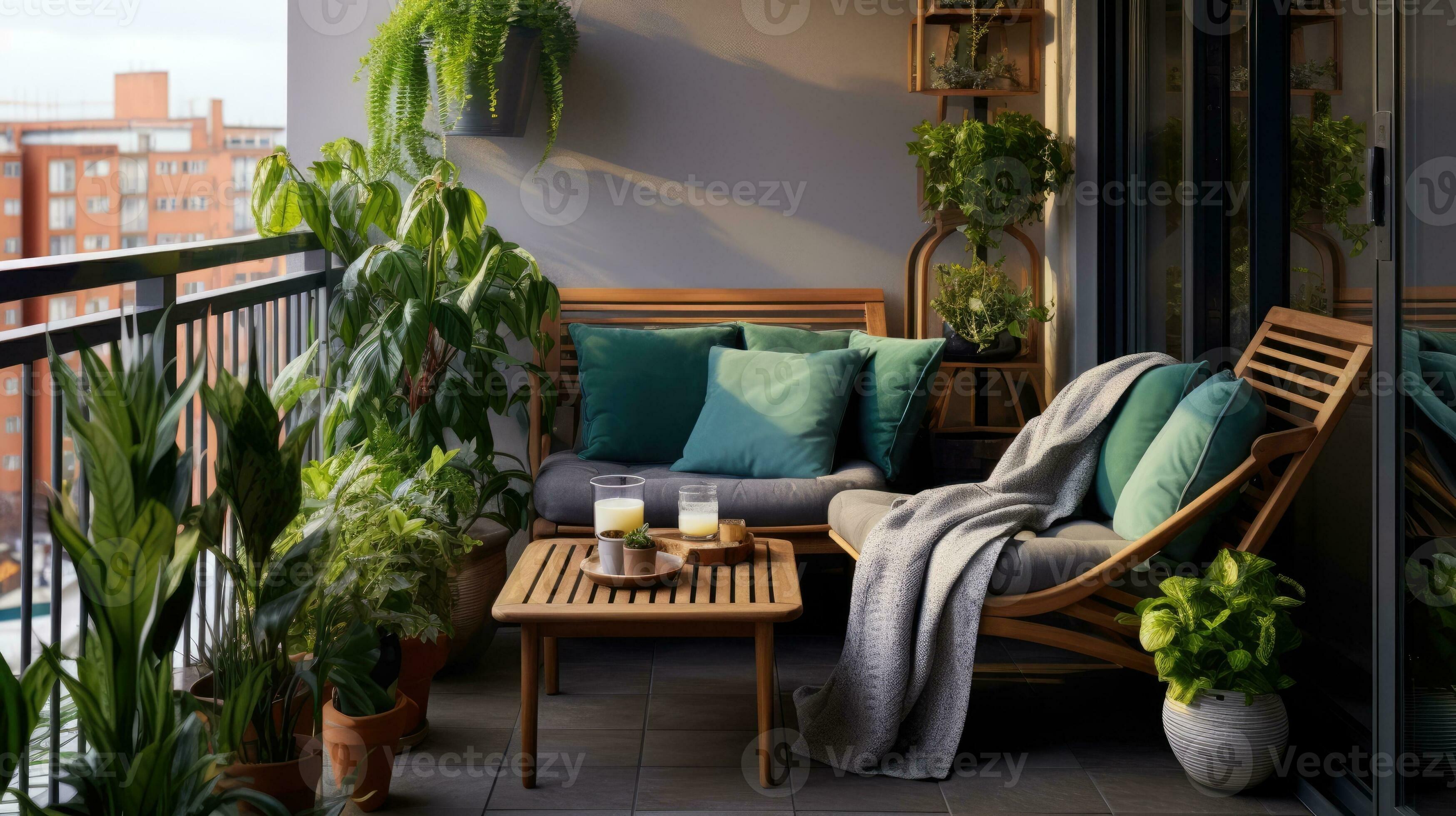 conception de une confortable moderne balcon avec une doux chaise et les  plantes. 28633032 Photo de stock chez Vecteezy