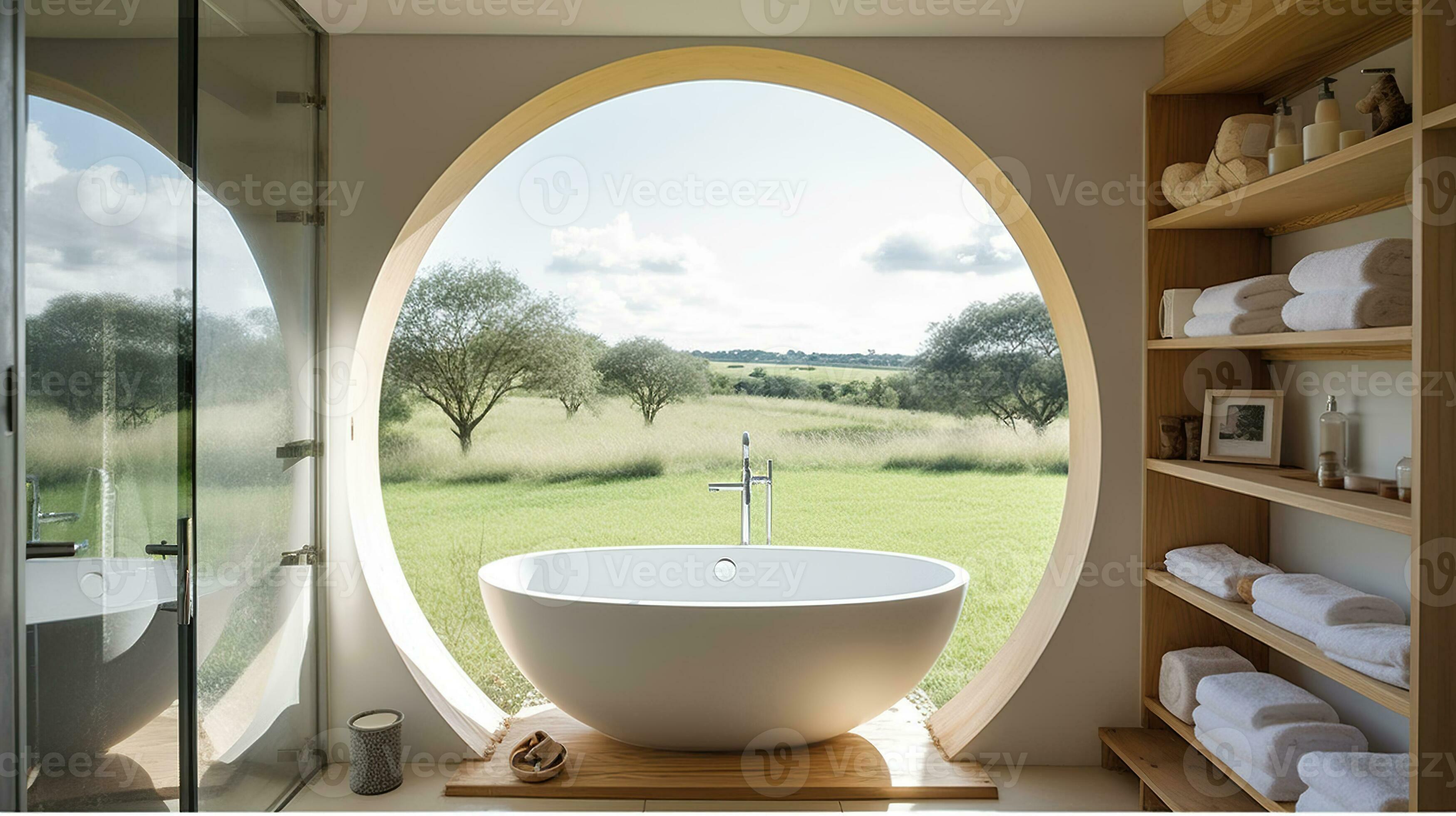 salle de bains intérieur avec énorme rond miroir, baignoire, douche, grand  image fenêtre surplombant le campagne, verre séparateur, et rayonnage vu de  le devant. génératif ai 28747638 Photo de stock chez Vecteezy