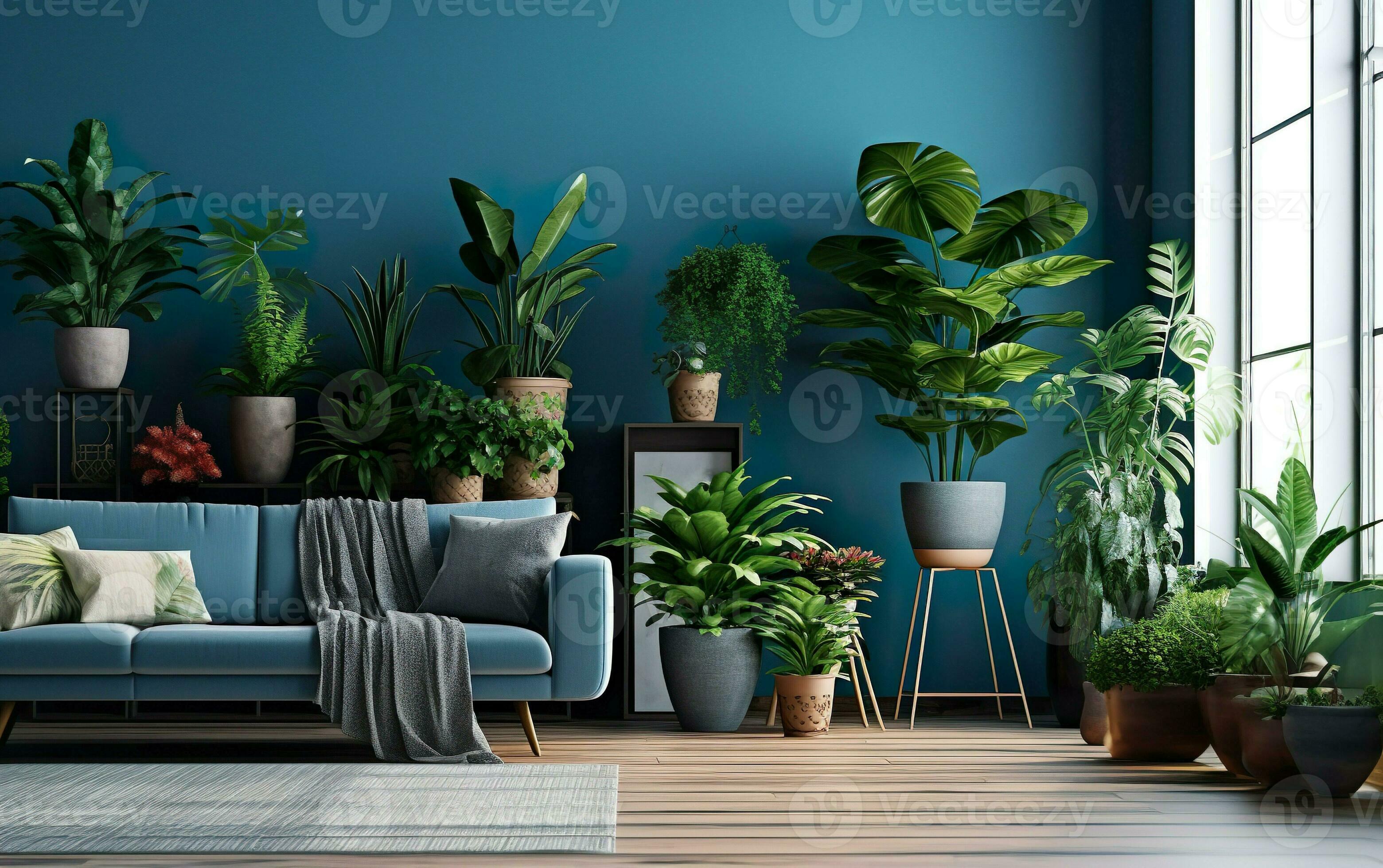 vivant pièce intérieur avec mis en pot végétaux, bleu mur et bleu canapé.  intérieur mis en pot les plantes décoration. ai génératif 28764793 Photo de  stock chez Vecteezy