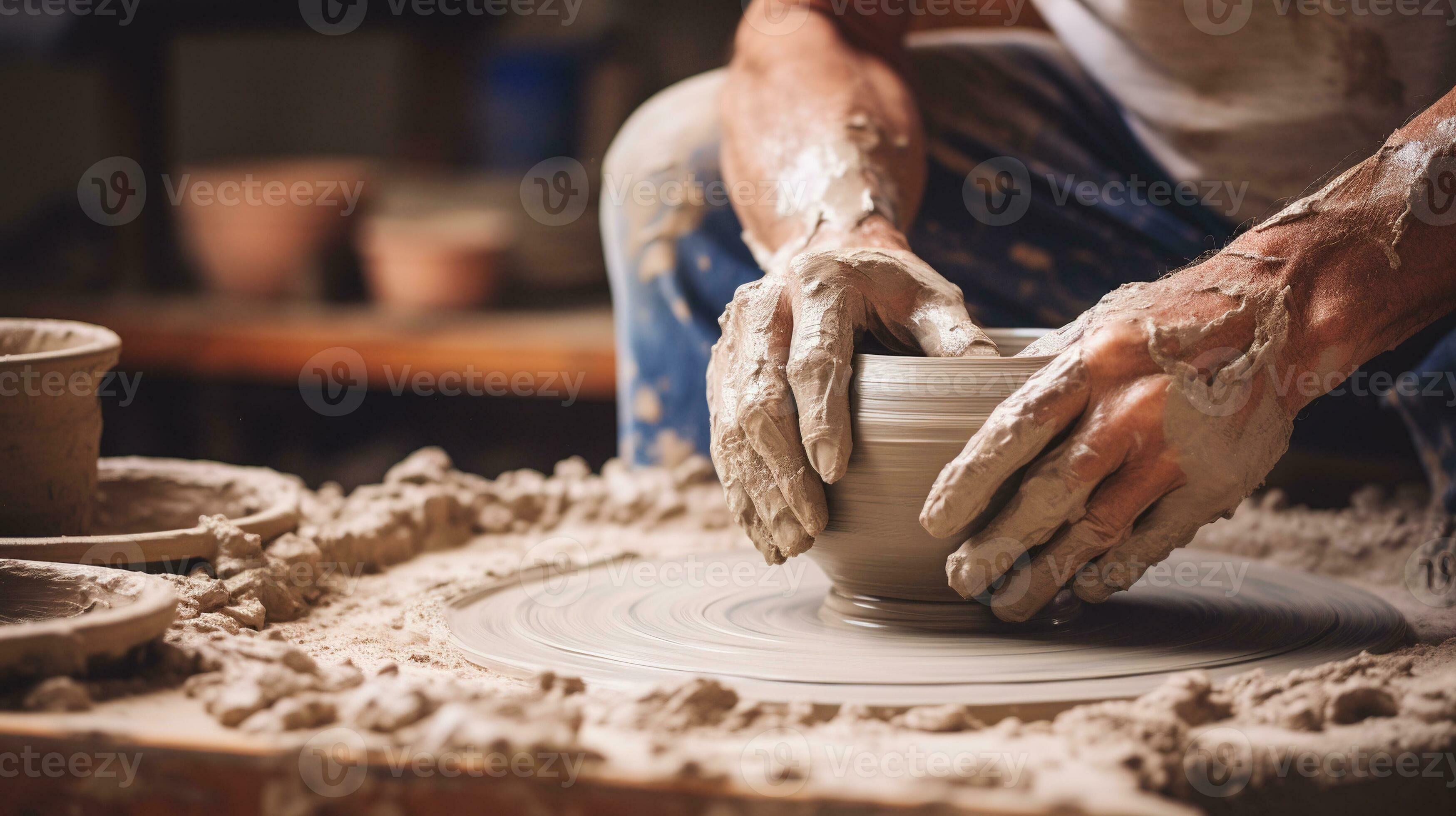 génératif ai, mains avec argile fabrication de une céramique pot