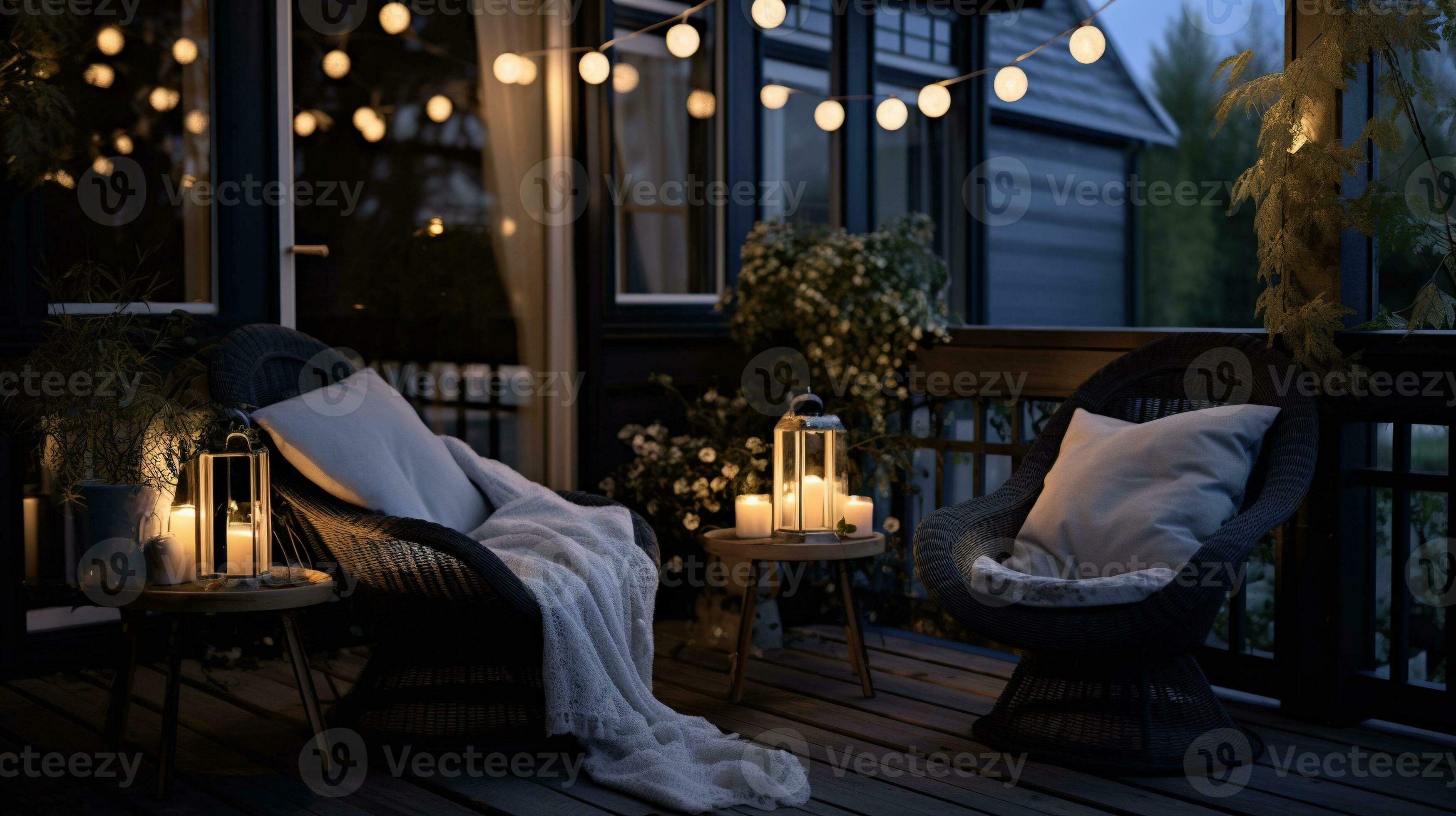 génératif ai, confortable balcon dans le soirée avec lanterne