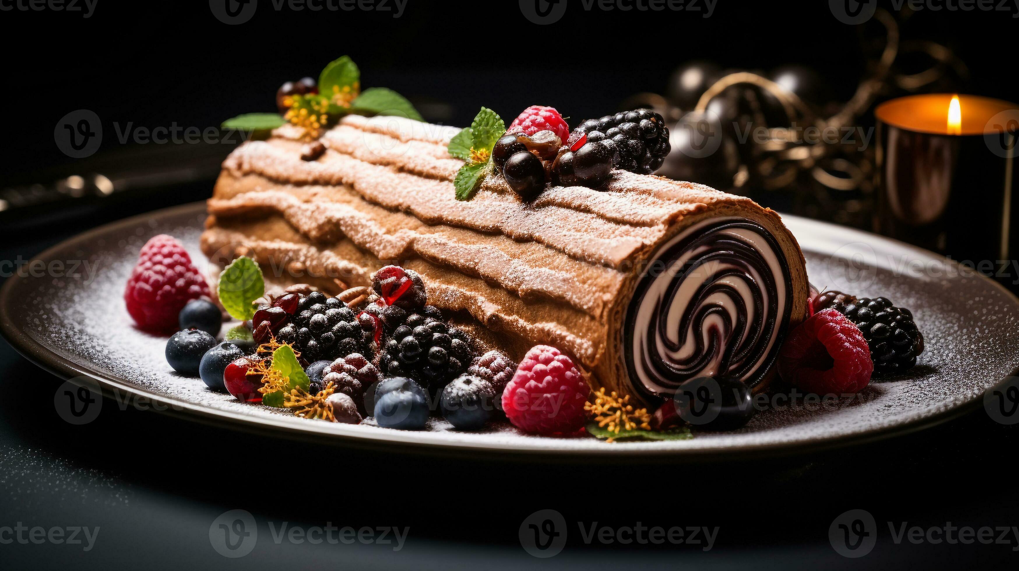 photo de buche de noel comme une plat dans une haut de gamme restaurant.  génératif ai 29294911 Photo de stock chez Vecteezy