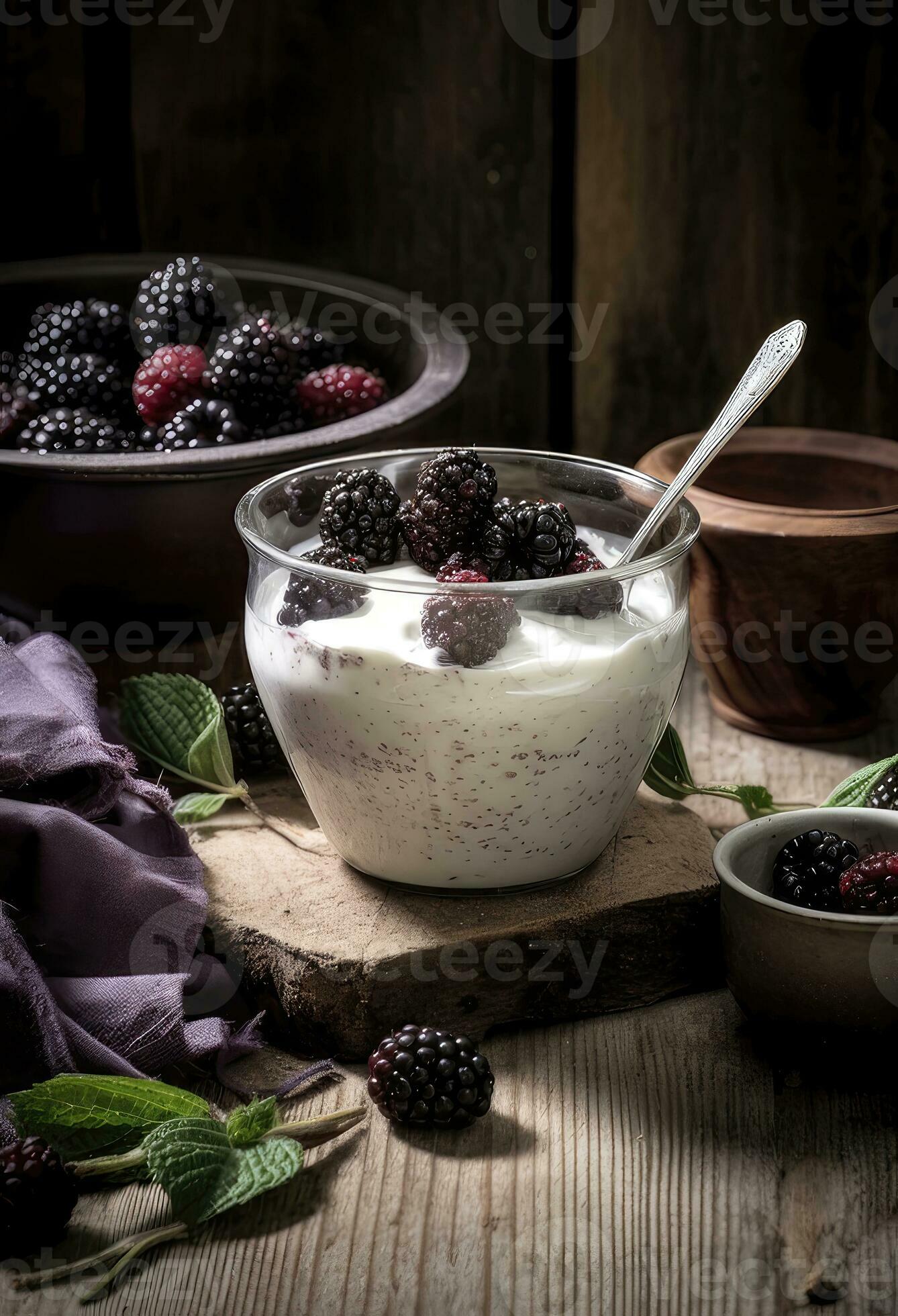 Un Pot En Verre De Yaourt Avec Des Fruits Sur Une Planche De Bois