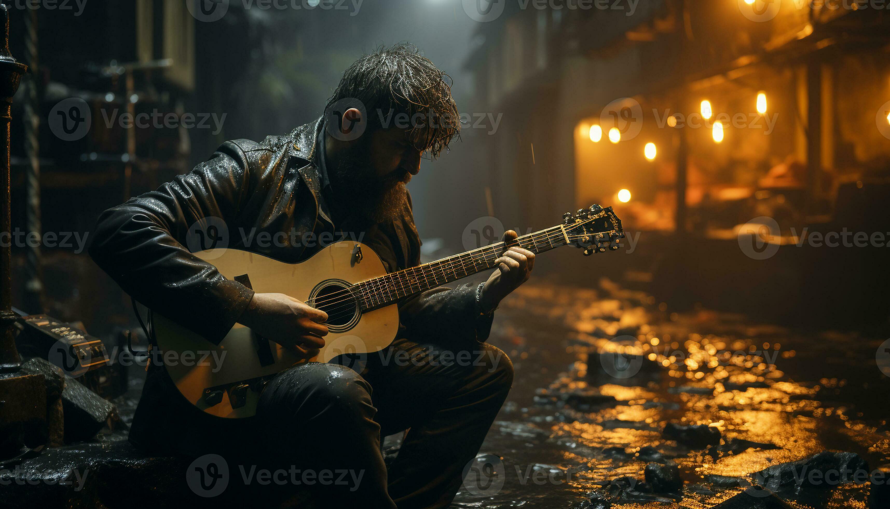 Jeune adulte guitariste en jouant un acoustique guitare à une