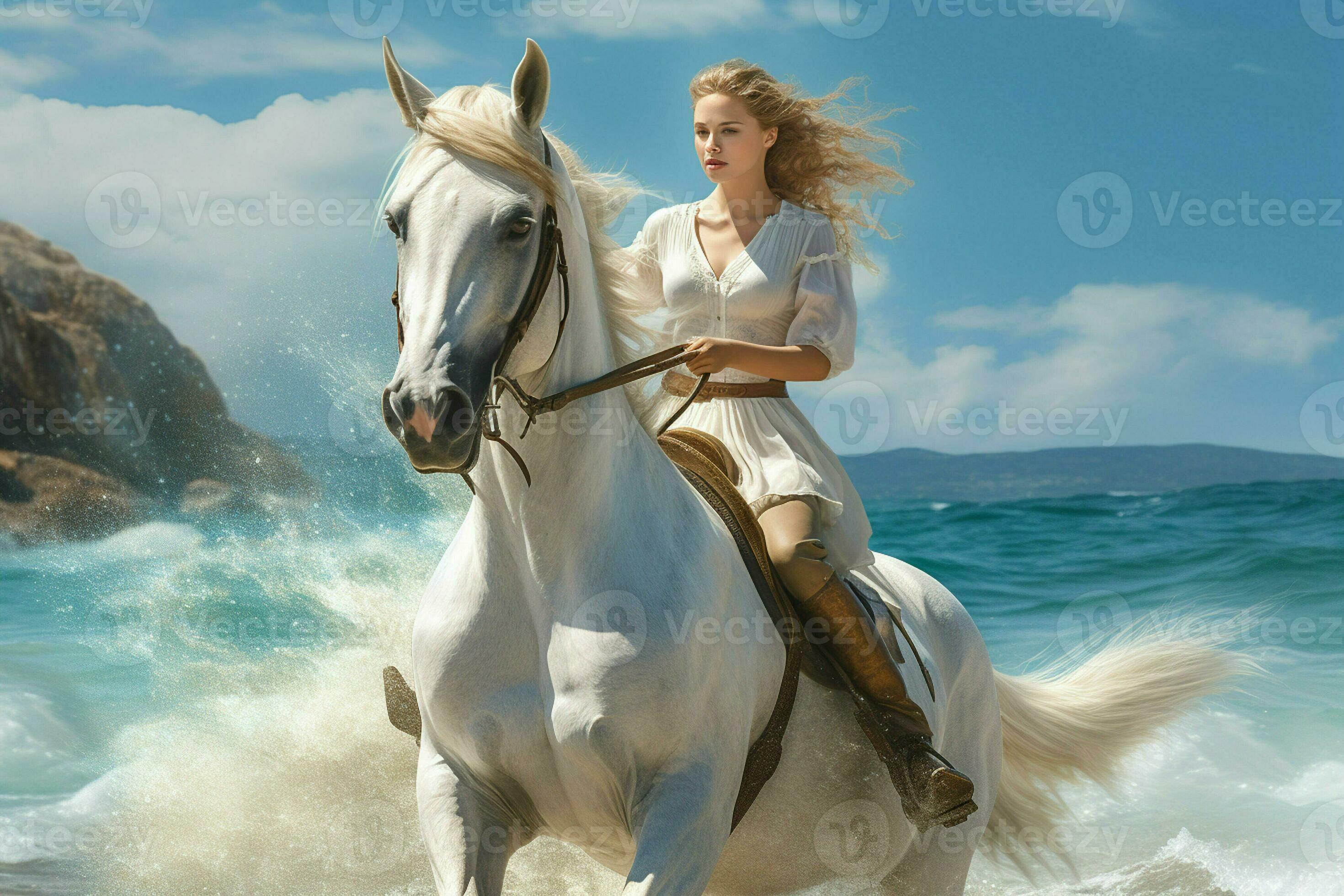 magnifique fille dans une blanc robe équitation une cheval sur le