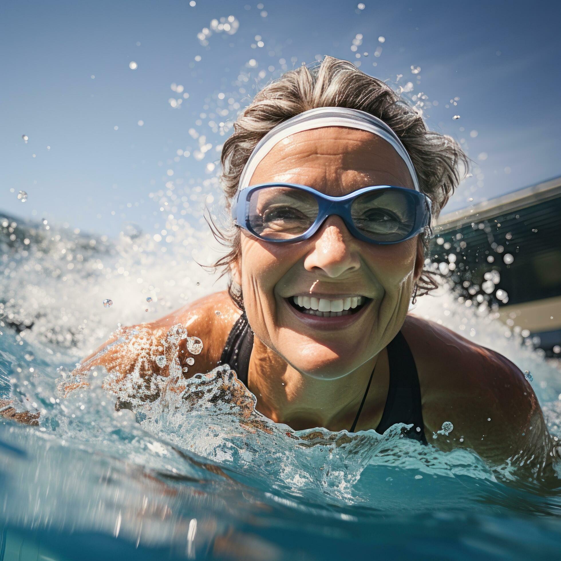 mature femme natation, des lunettes de protection, bleu eau