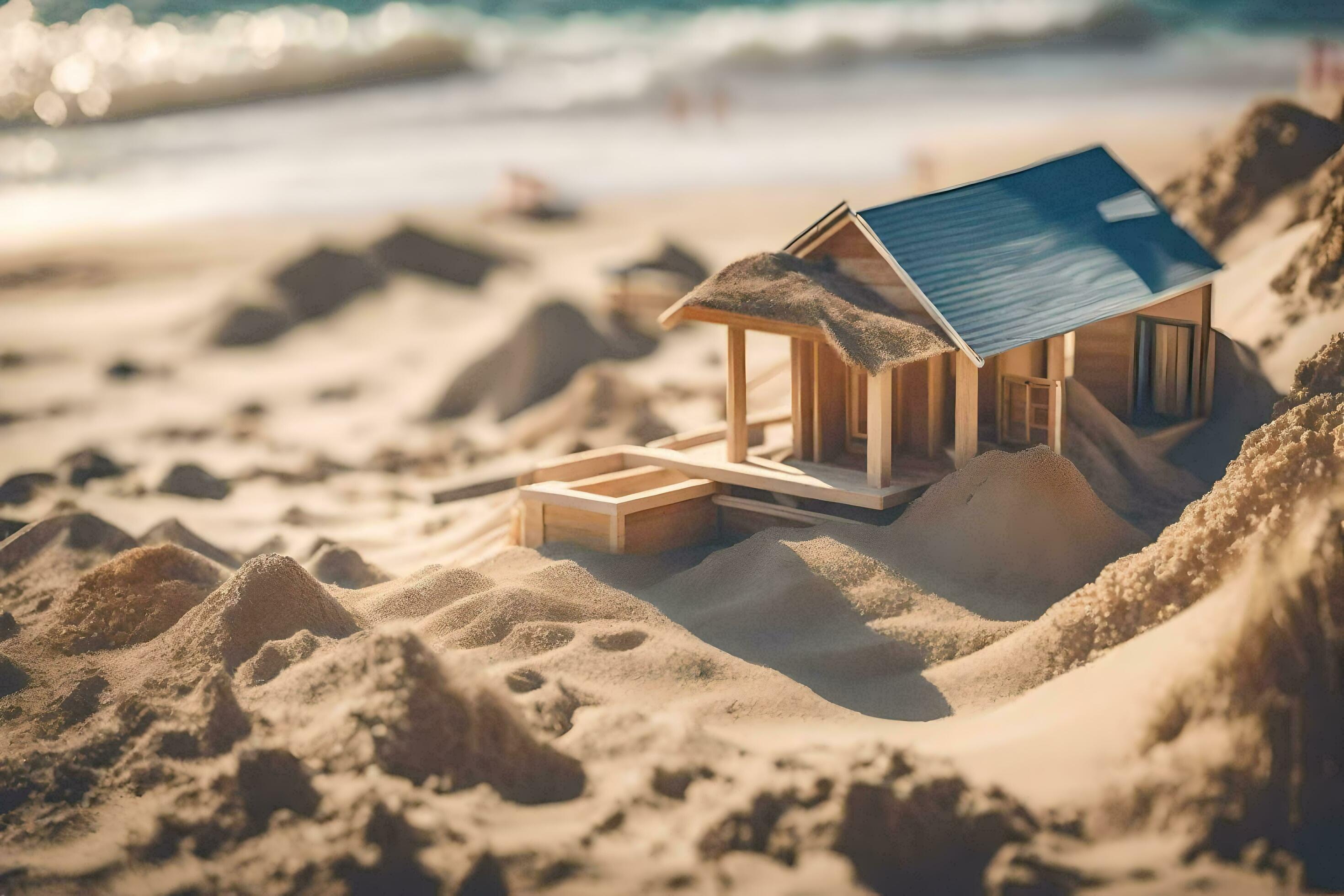 une miniature maison sur le plage avec sable. généré par ai