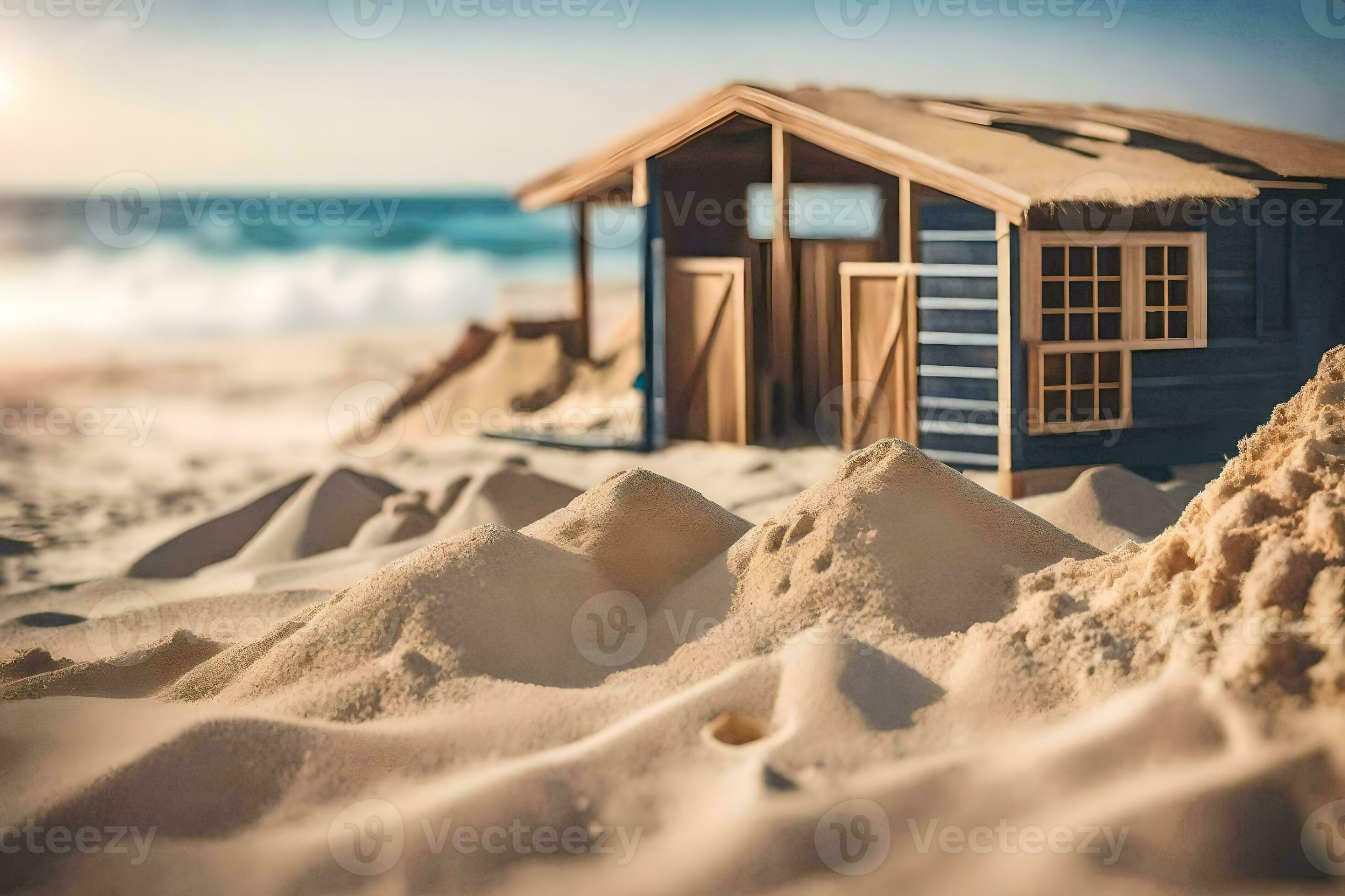 une miniature plage cabane est assis dans le sable. généré par ai