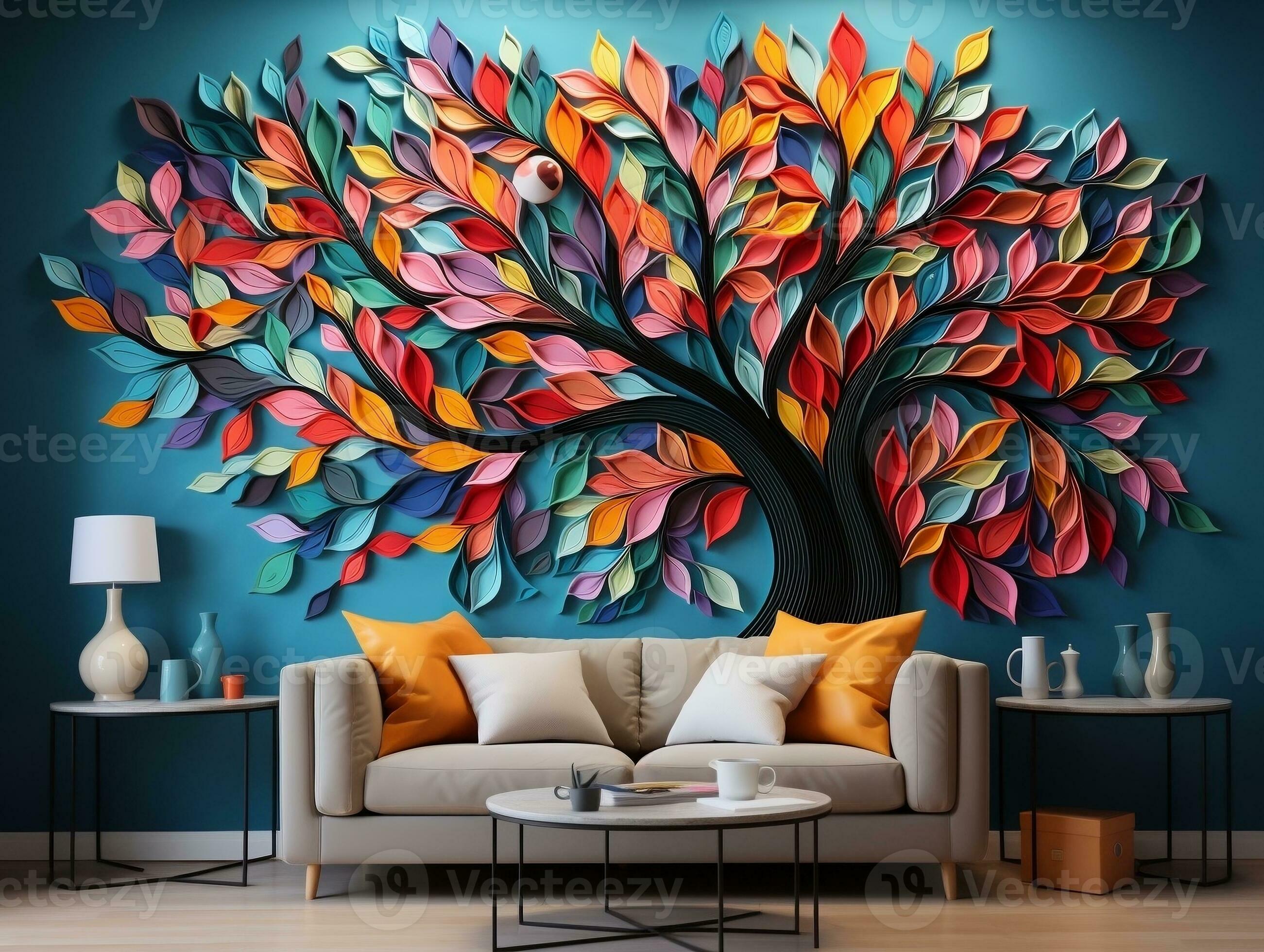 coloré arbre avec feuilles sur pendaison branches illustration Contexte. 3d  abstraction intérieur mural mur art décor génératif ai 30859293 Photo de  stock chez Vecteezy