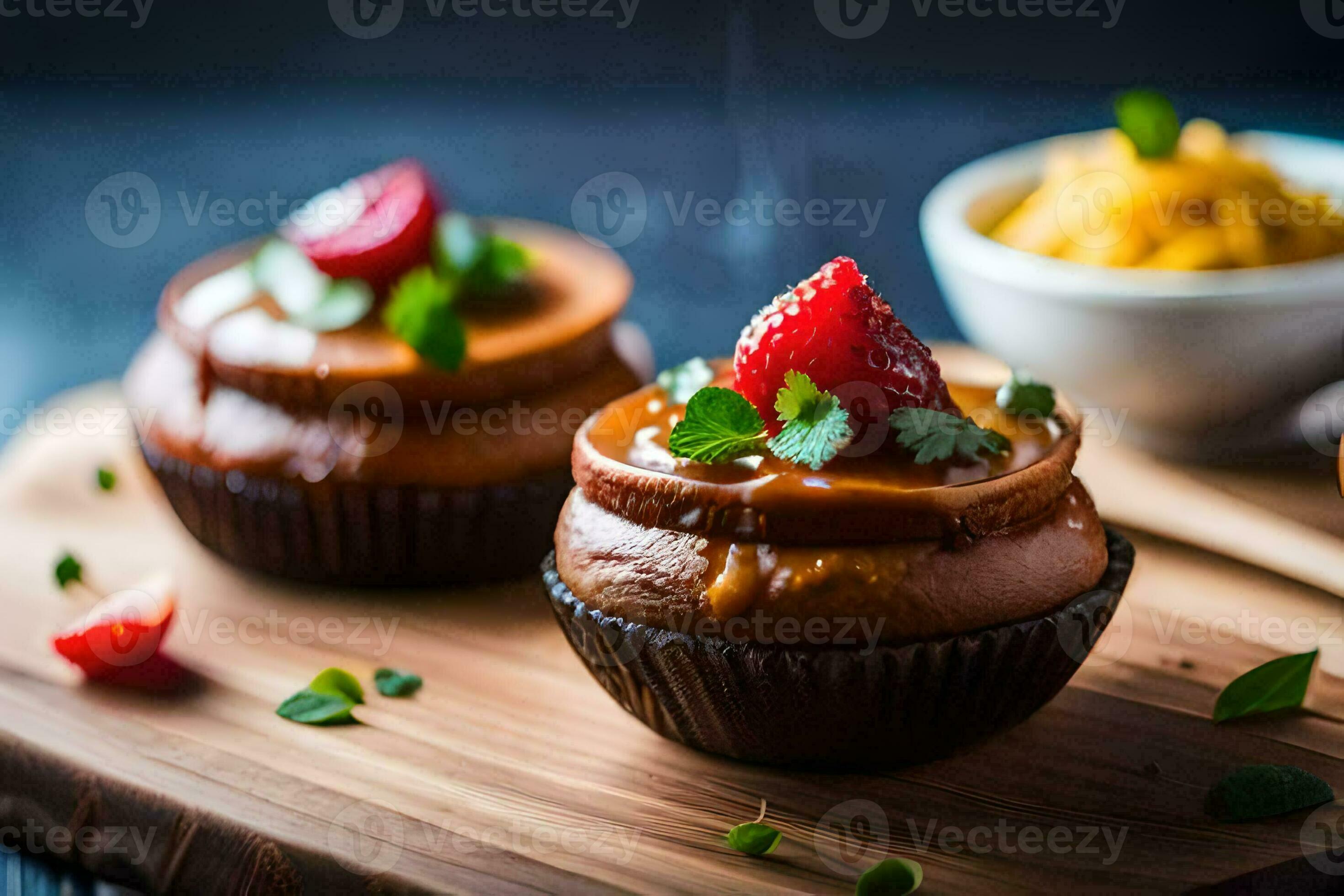 Trois petits gâteaux avec des fraises et fromage sur une Coupe