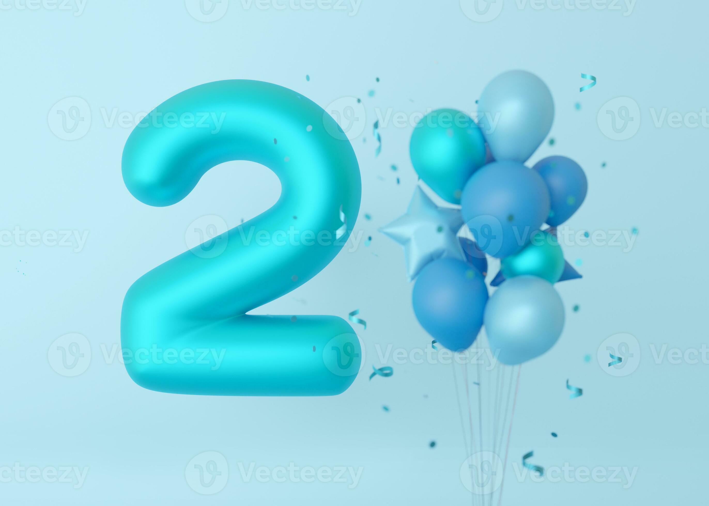 brillant nombre deux sur bleu Contexte avec des ballons. 2 ans vieux.  seconde anniversaire fête. garçons faire la fête. bébé garçon célèbre.  spécial événement. salutations carte. 3d rendre. 32042078 Photo de stock