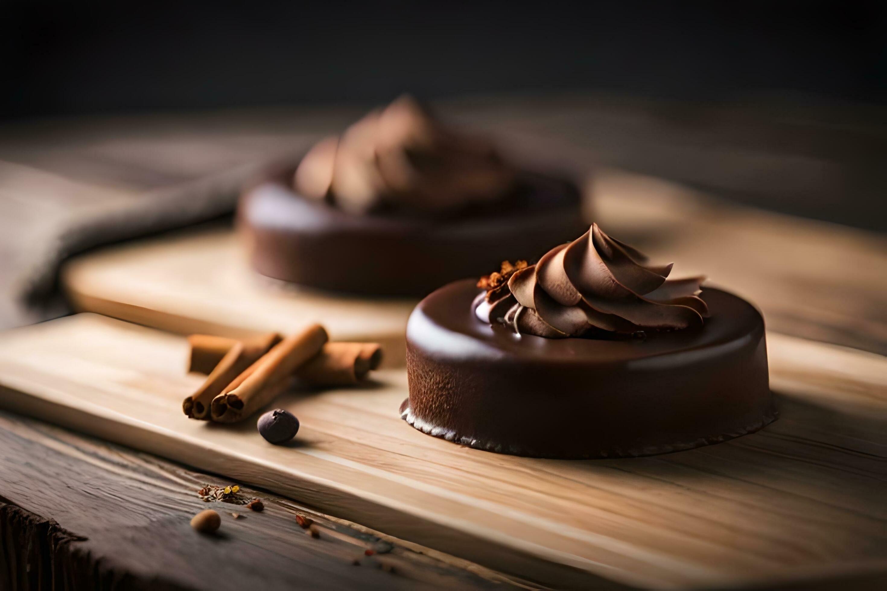 deux Chocolat Gâteaux sur une en bois Coupe planche. généré par ai