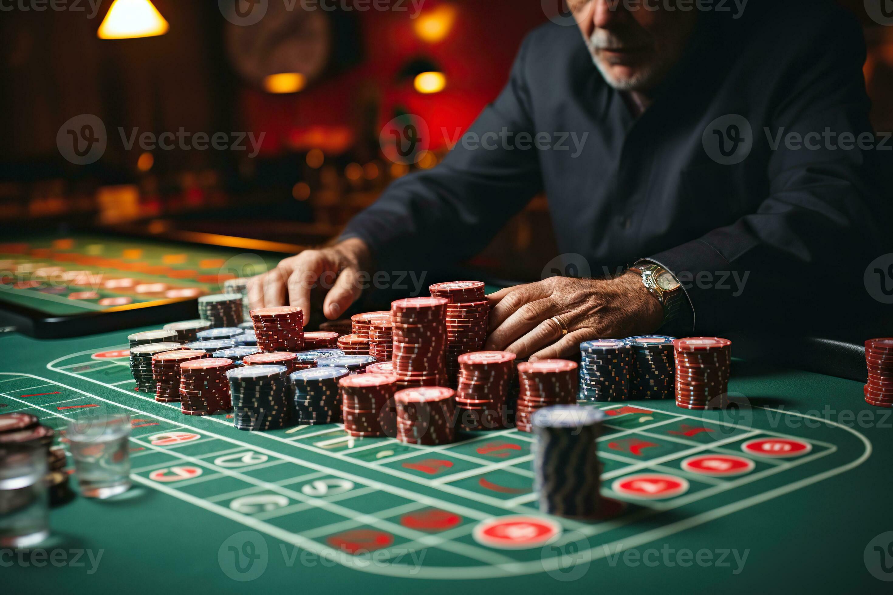 une homme à une jeu table avec piles de puces. jeux d'argent concept.  généré par artificiel intelligence 32974019 Photo de stock chez Vecteezy