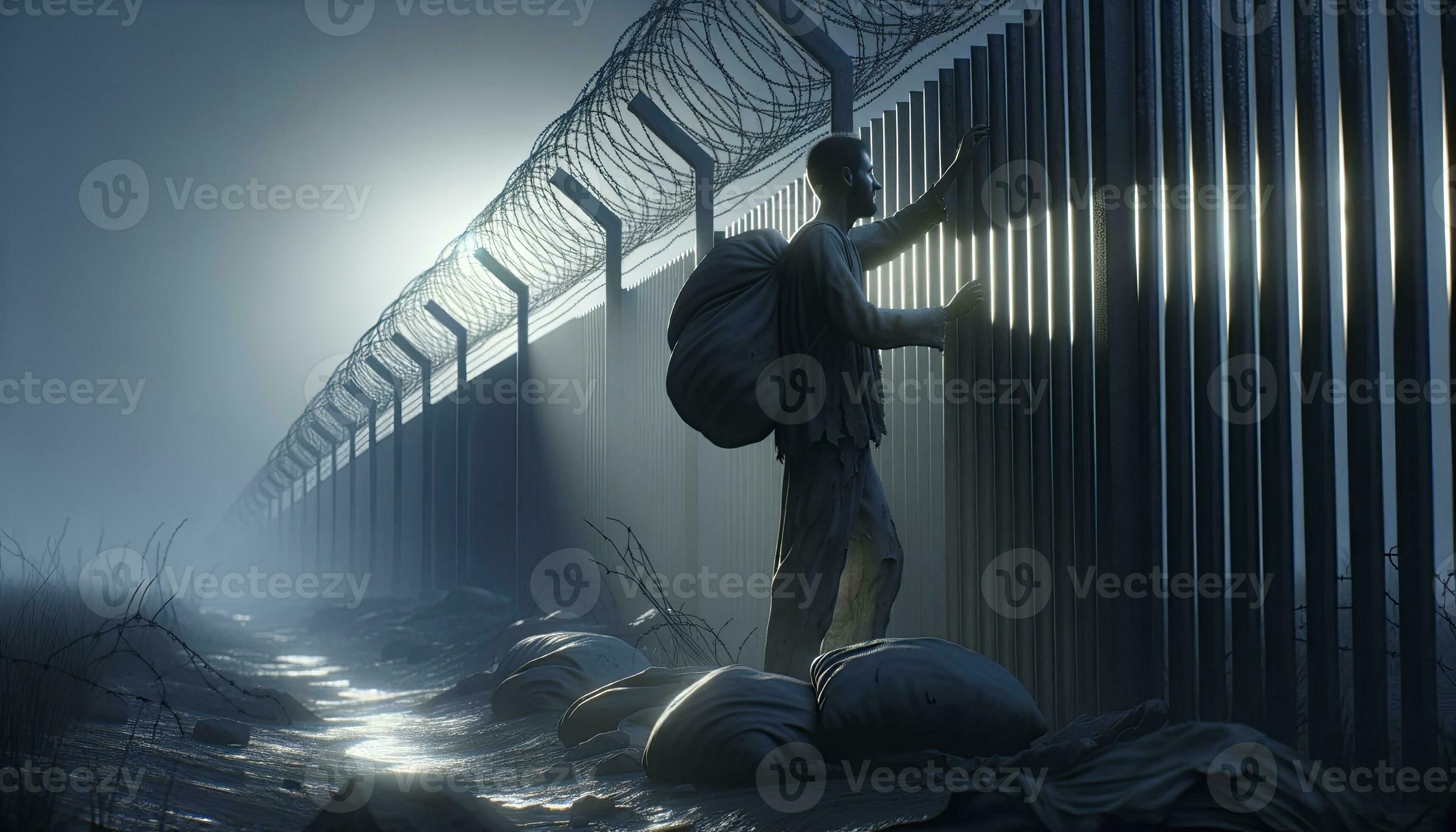capturé pendant crépuscule, mettant en valeur une réfugié homme en portant  sur une clôture, avec le atténuation lumière ajouter à le atmosphère de  incertitude. ai généré 33097579 Photo de stock chez Vecteezy