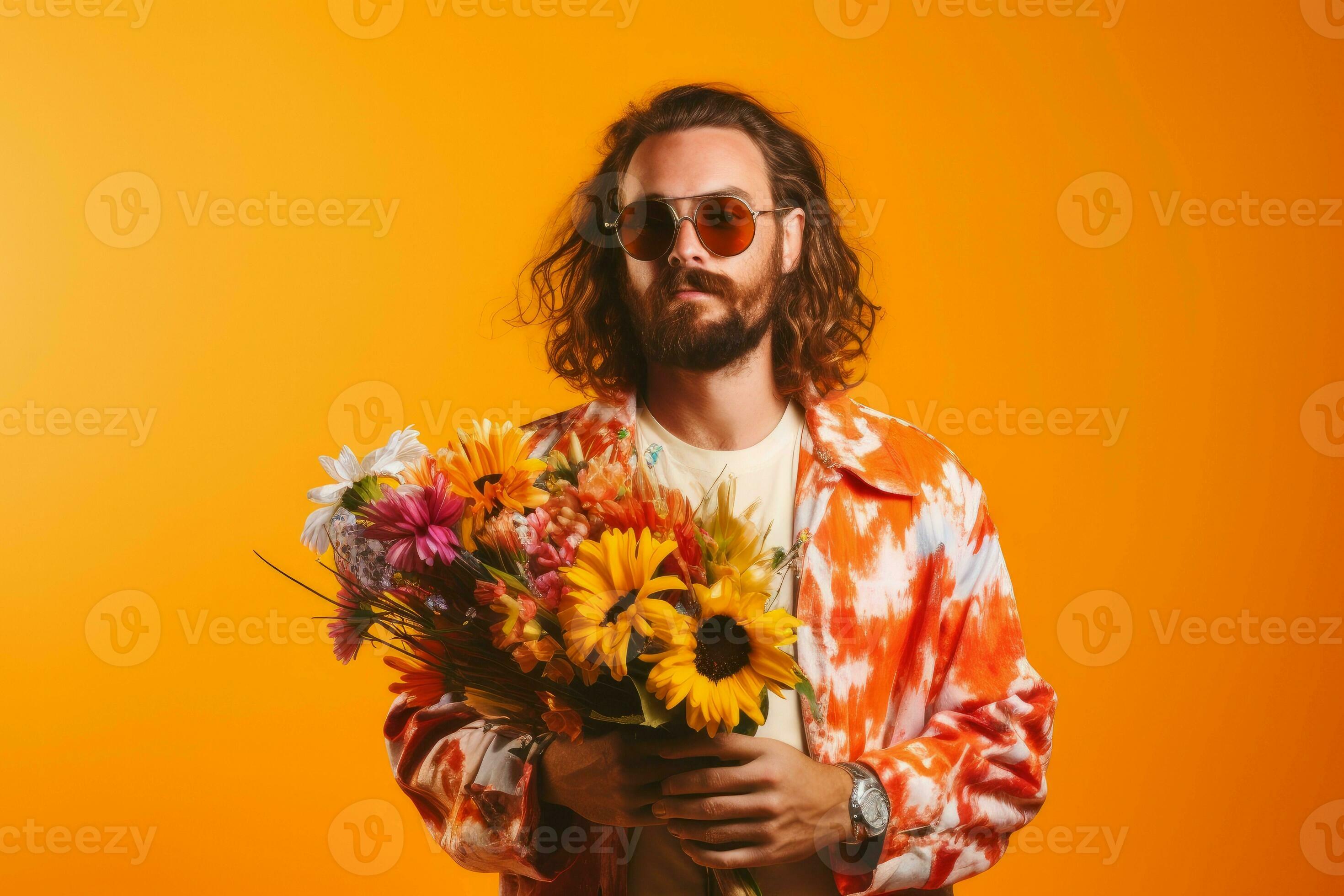 hippie homme avec des lunettes de soleil et bouquet de coloré fleurs.  produire ai 33117707 Photo de stock chez Vecteezy